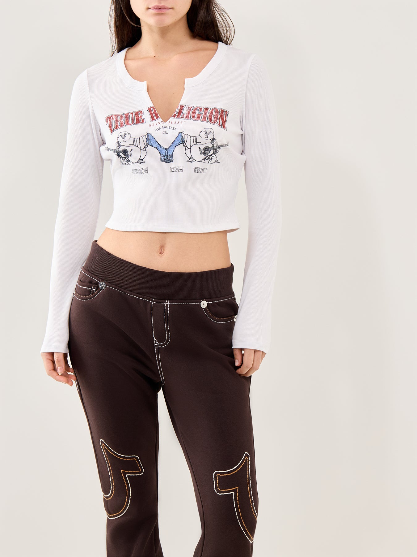 Buddha V-Neck Rib Long Sleeve Top White