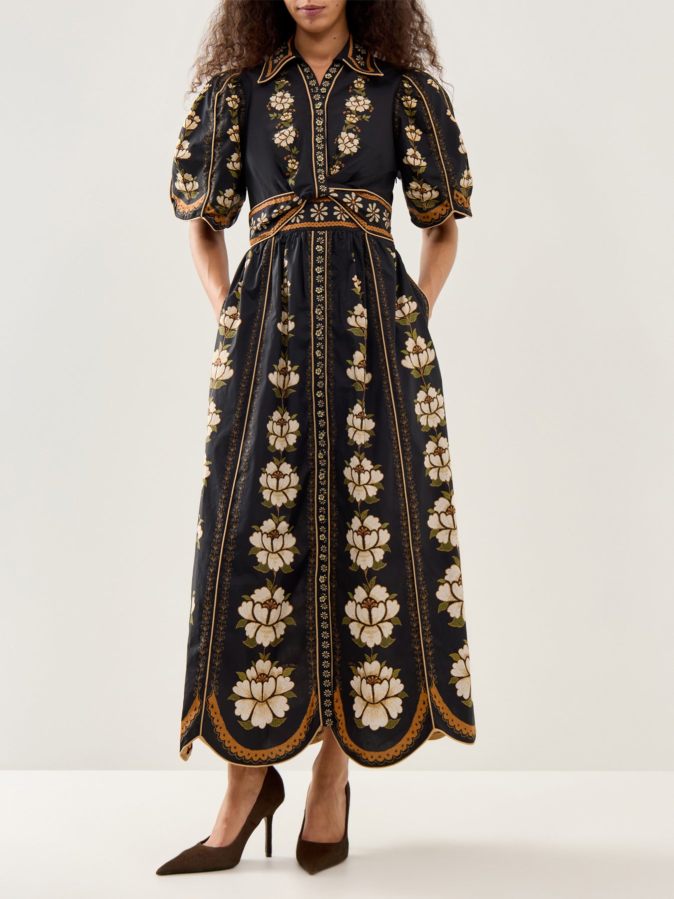 Embroidered Flowers Midi Dress Black
