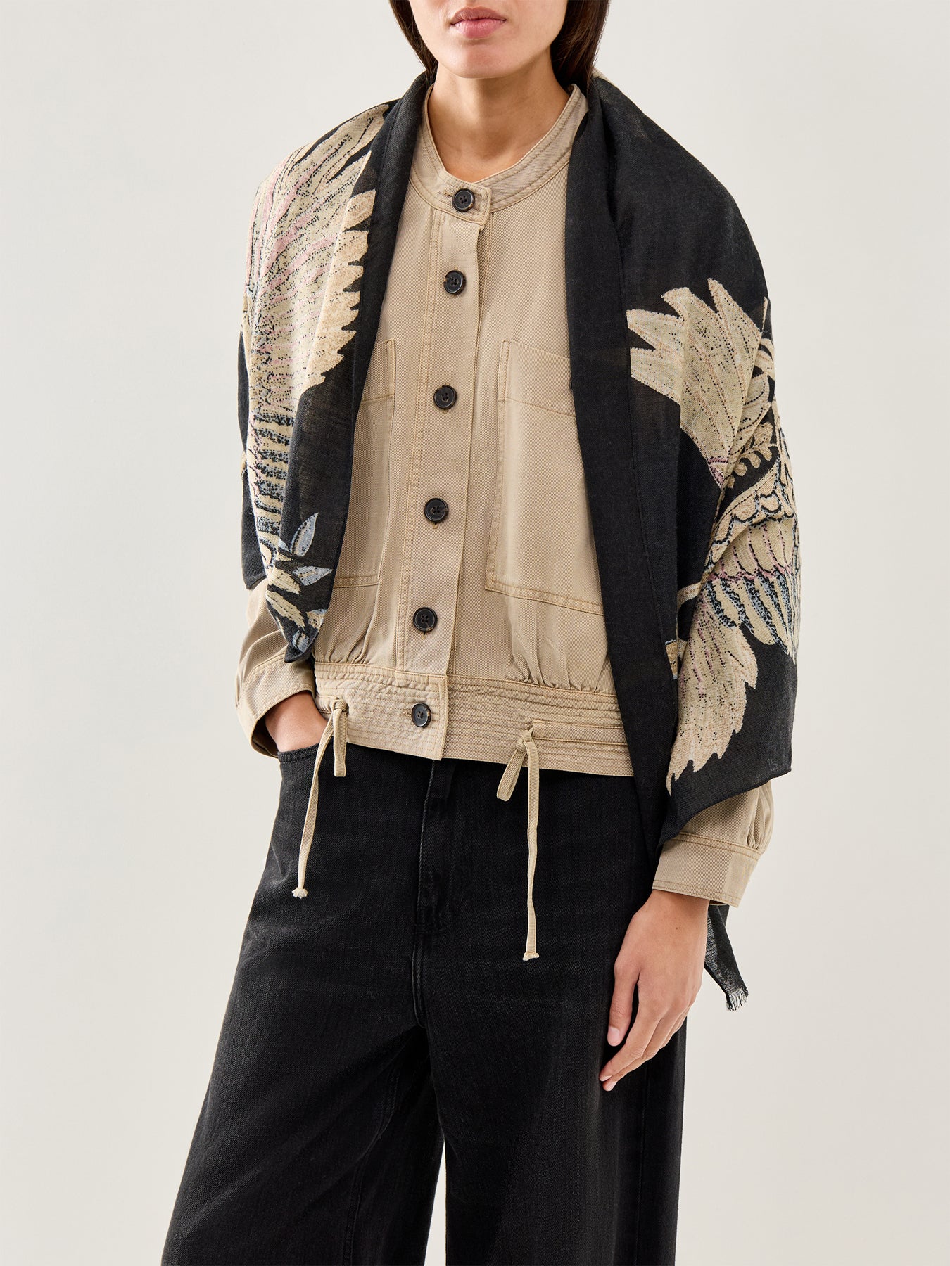 Crane Black Wool Scarf