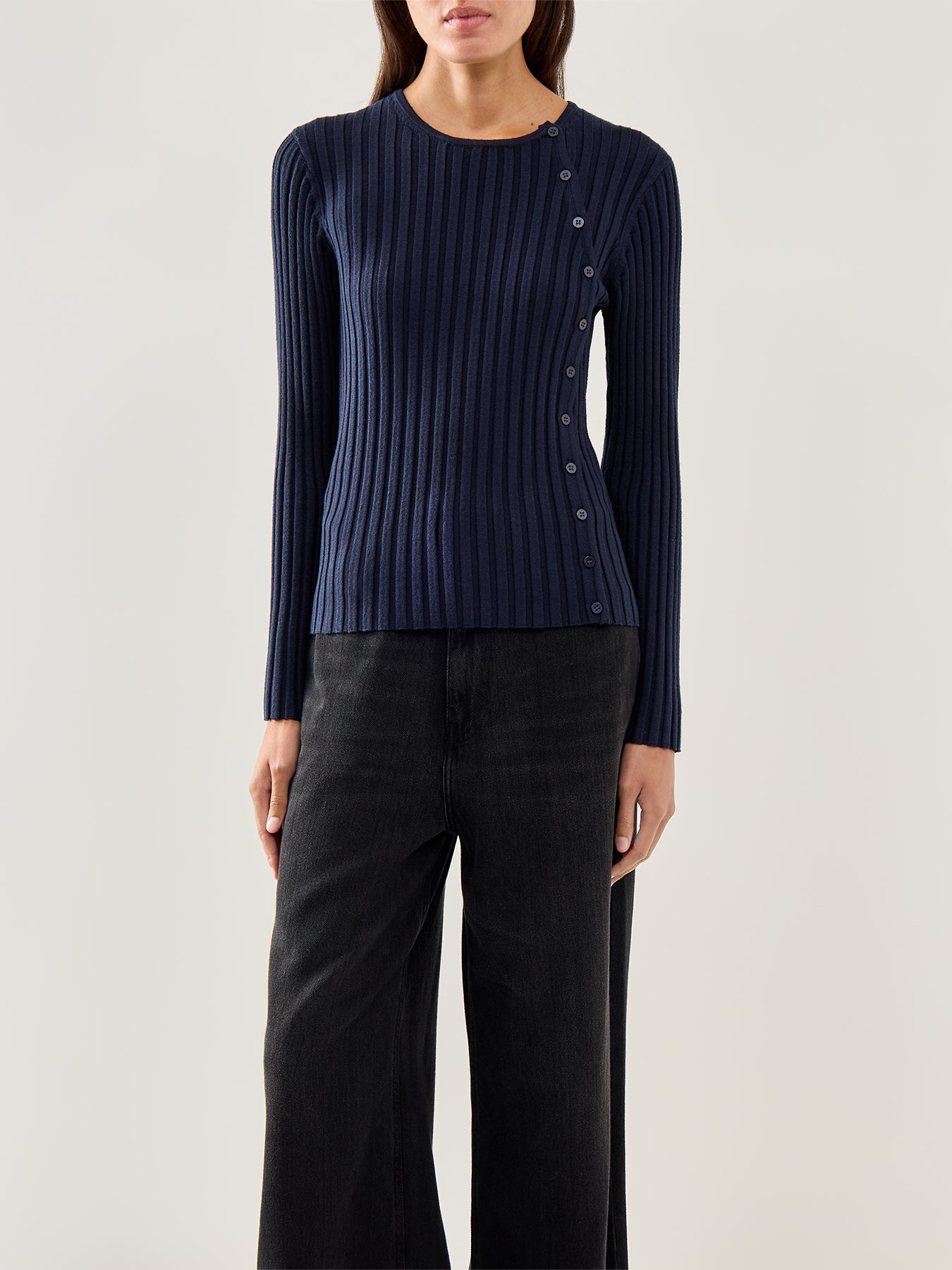 Helen Knit Button O Neck Top Dark Sapphire