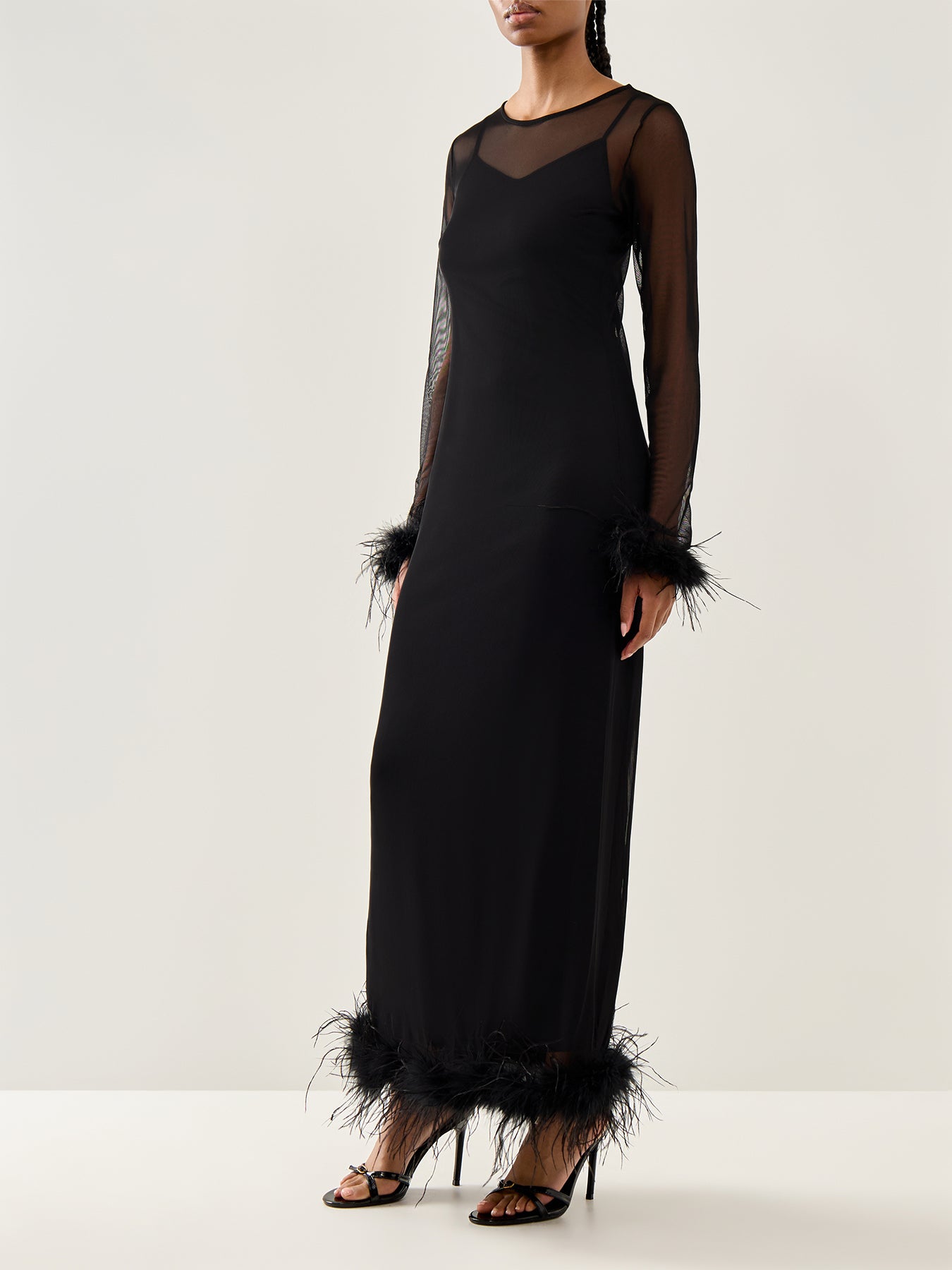 Mesh Feather Trim Dress Black