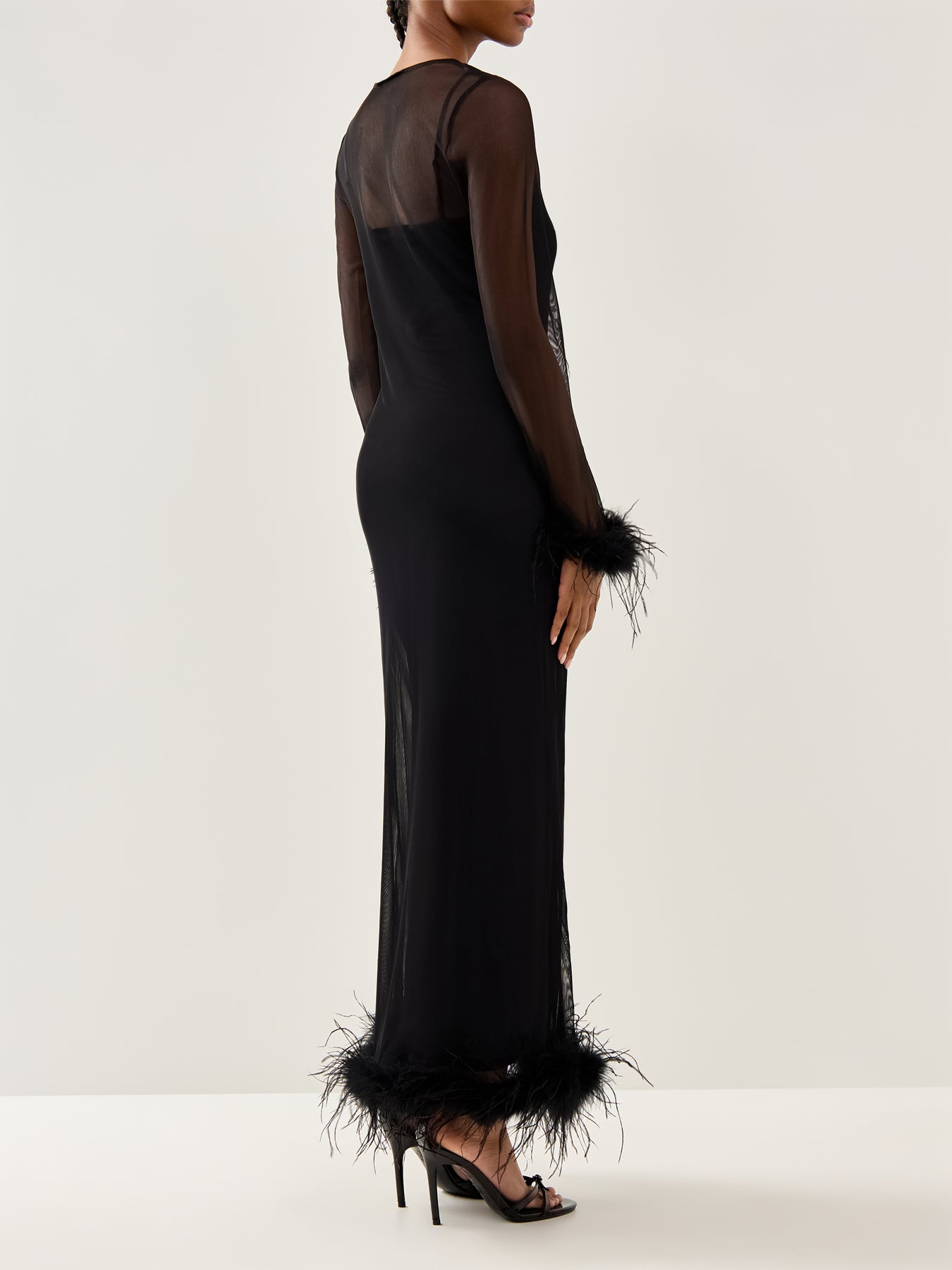 Mesh Feather Trim Dress Black