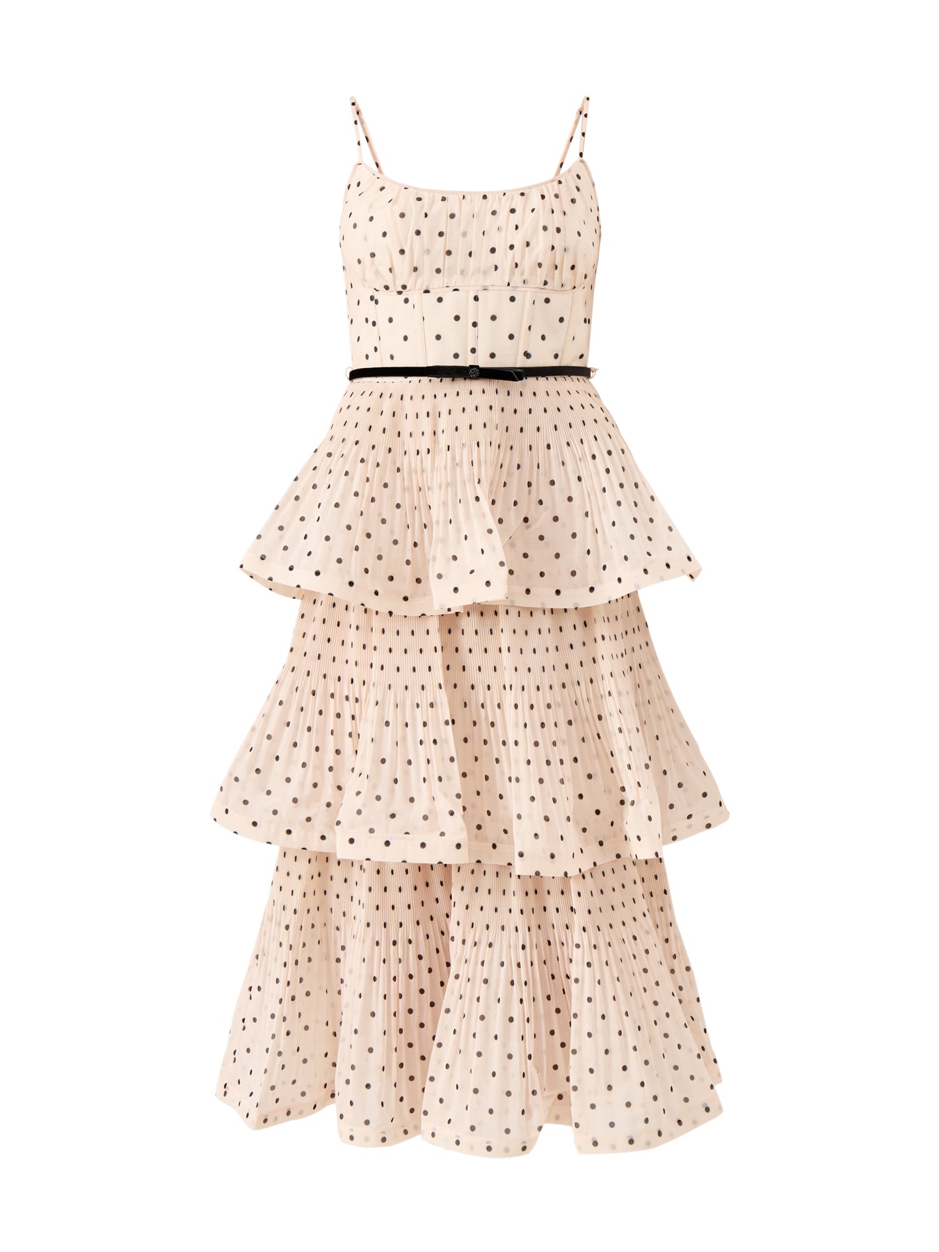 Pleated Tiered Midi Dress Cream Black Polka Dot