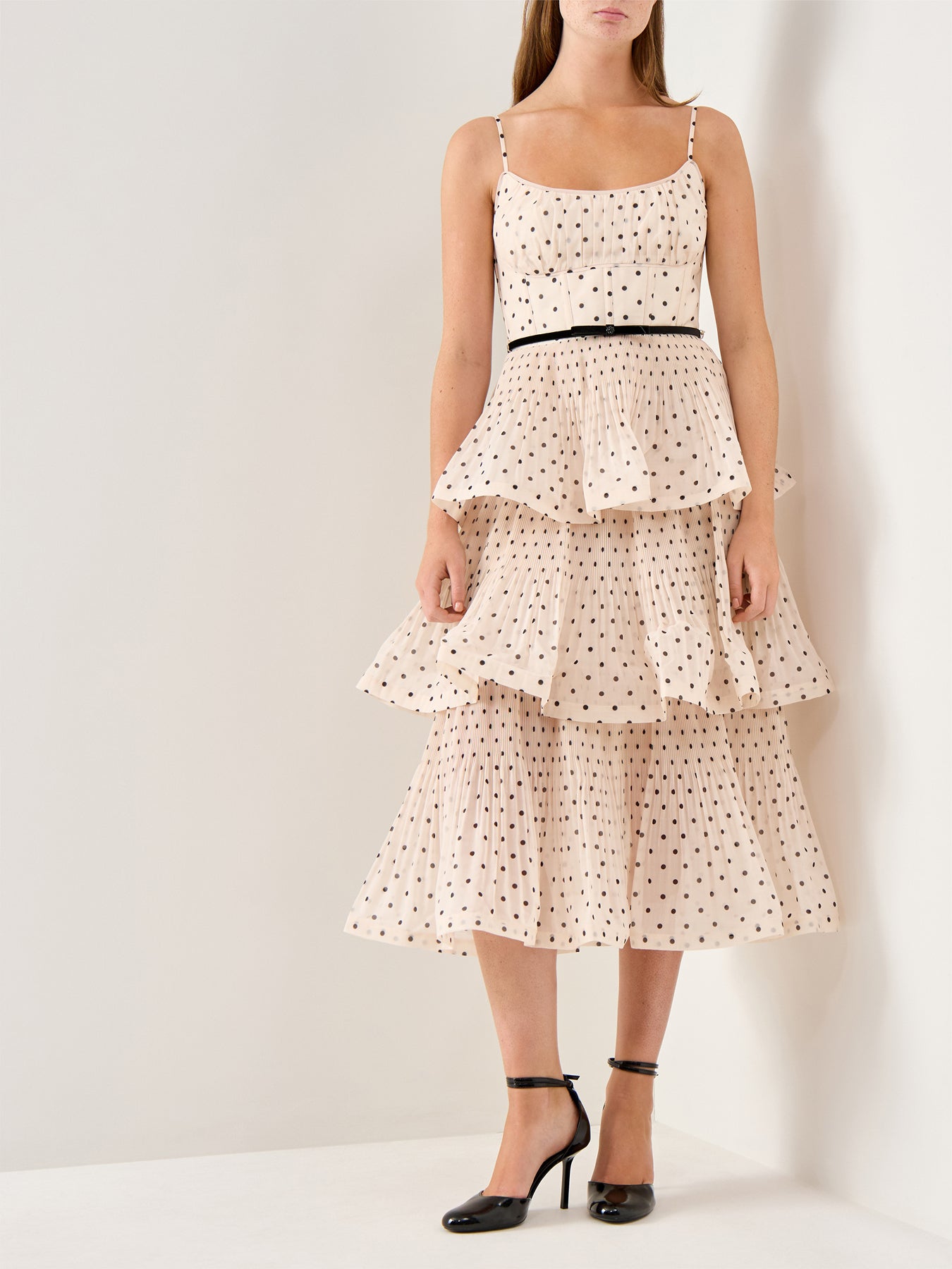Pleated Tiered Midi Dress Cream Black Polka Dot
