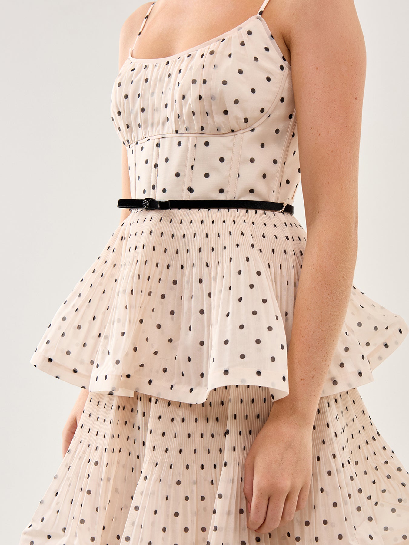 Pleated Tiered Midi Dress Cream Black Polka Dot