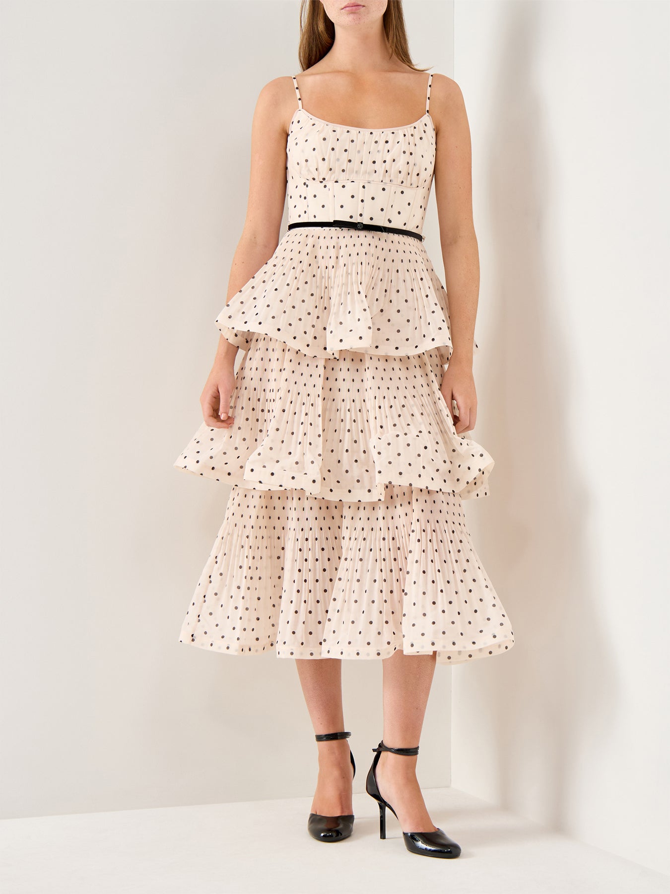 Pleated Tiered Midi Dress Cream Black Polka Dot