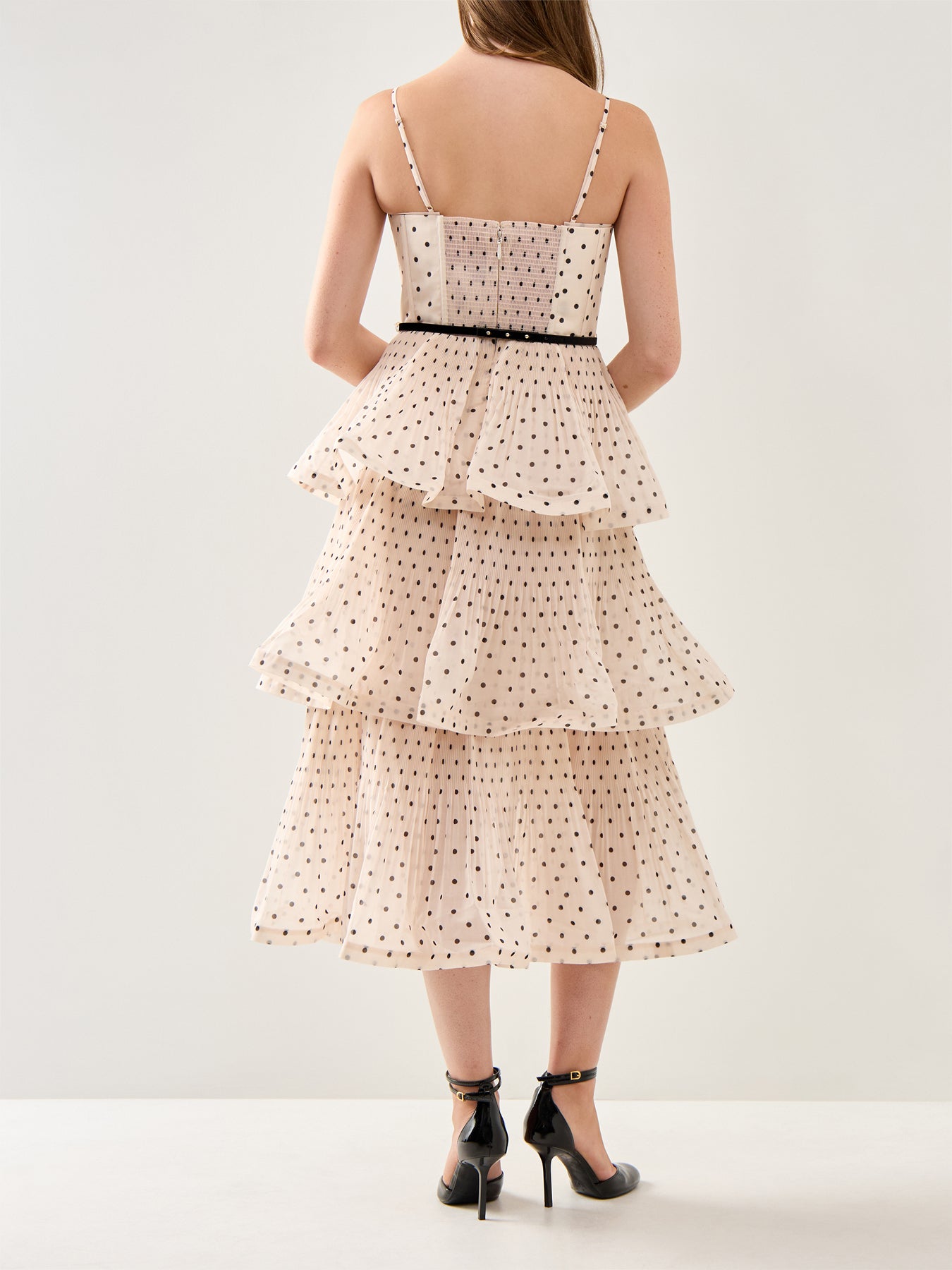 Pleated Tiered Midi Dress Cream Black Polka Dot
