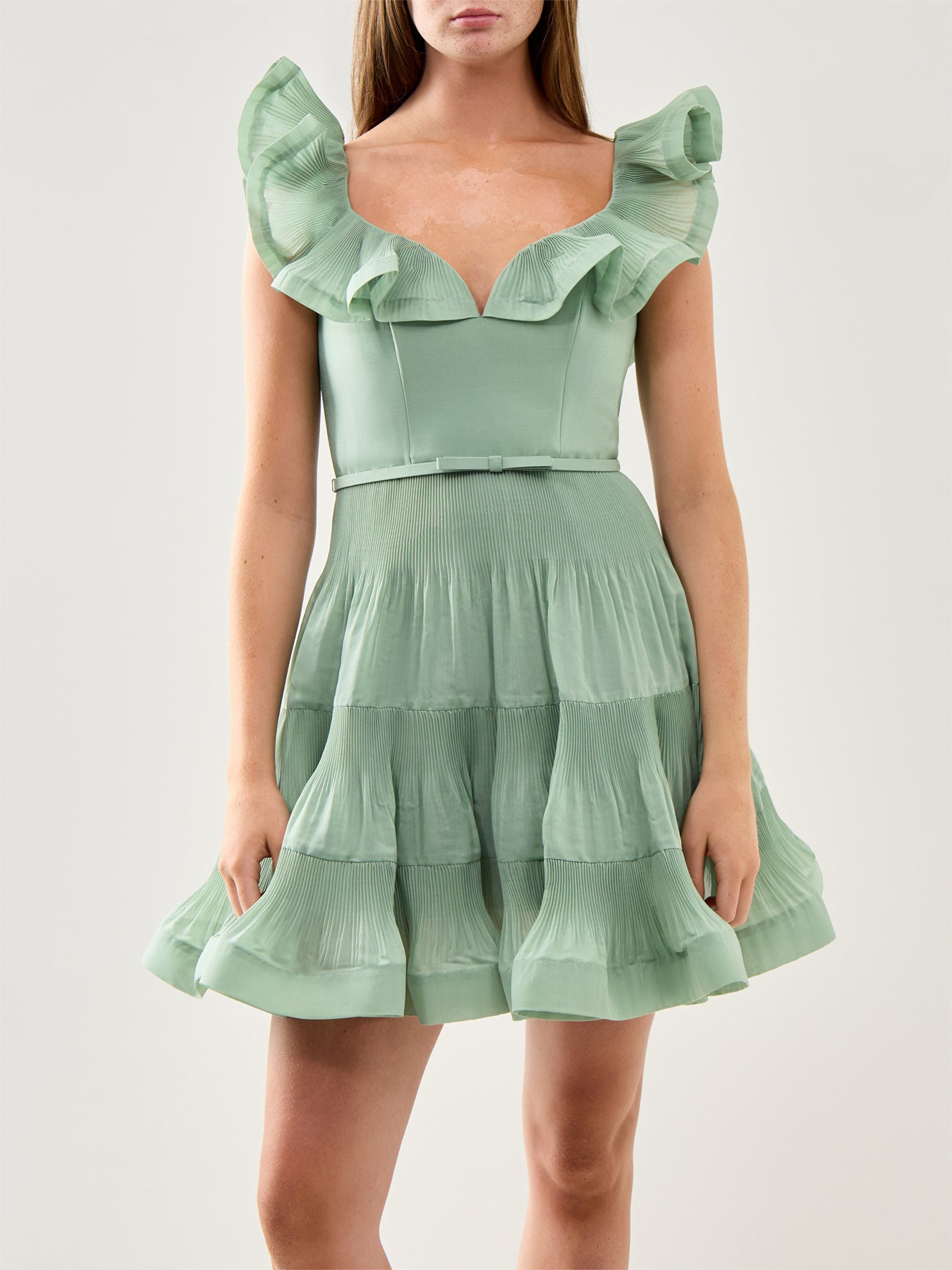 Pleated Frill Mini Dress Eucalyptus