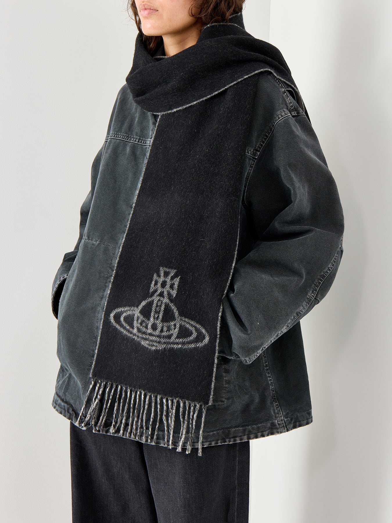 Single Orb Wool Double Faced Scarf Black