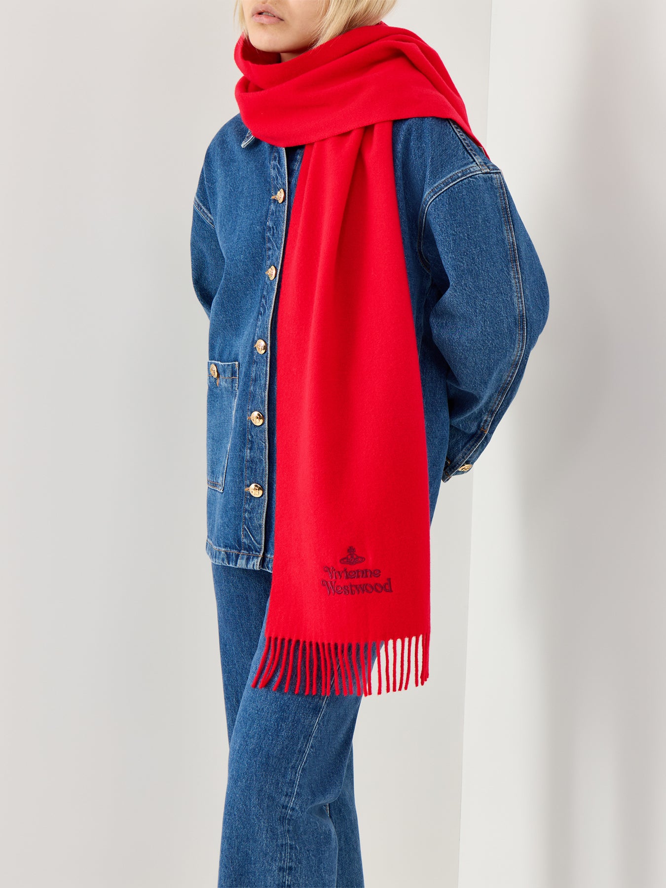 Embroidered Logo Scarf in Red Wool