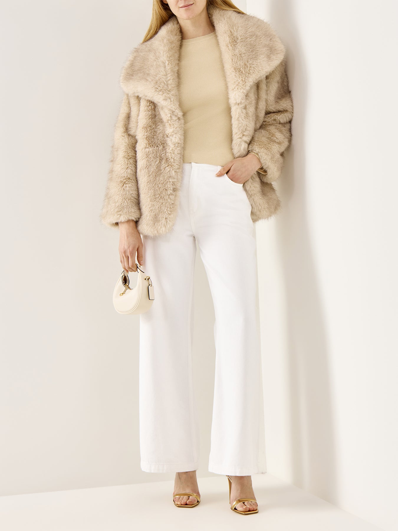 Agatha Exaggerated Collar Faux Fur Coat Beige Marl