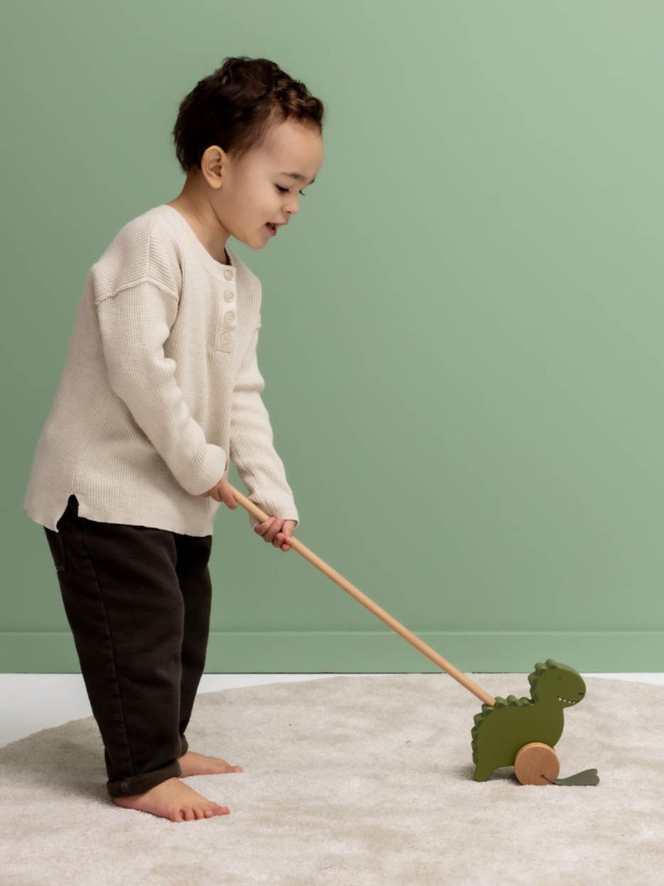 Wooden Push Along Toy Mr Dino Green