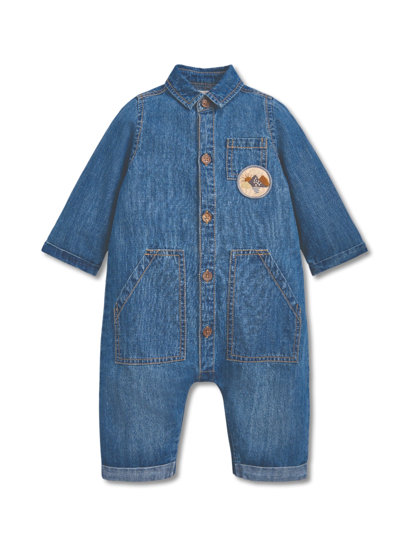Blue Denim Boiler Suit With Woven Badge