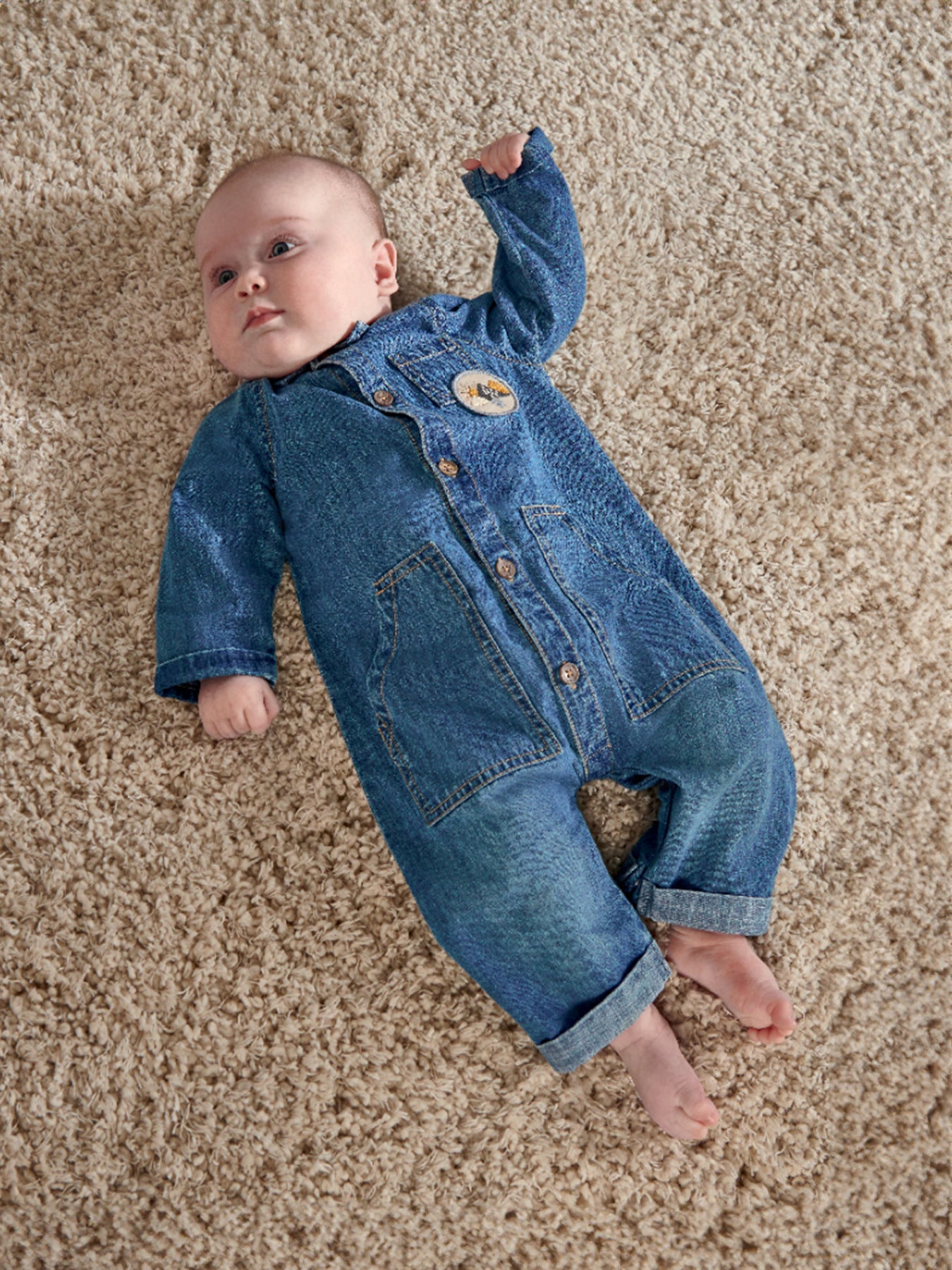 Blue Denim Boiler Suit With Woven Badge