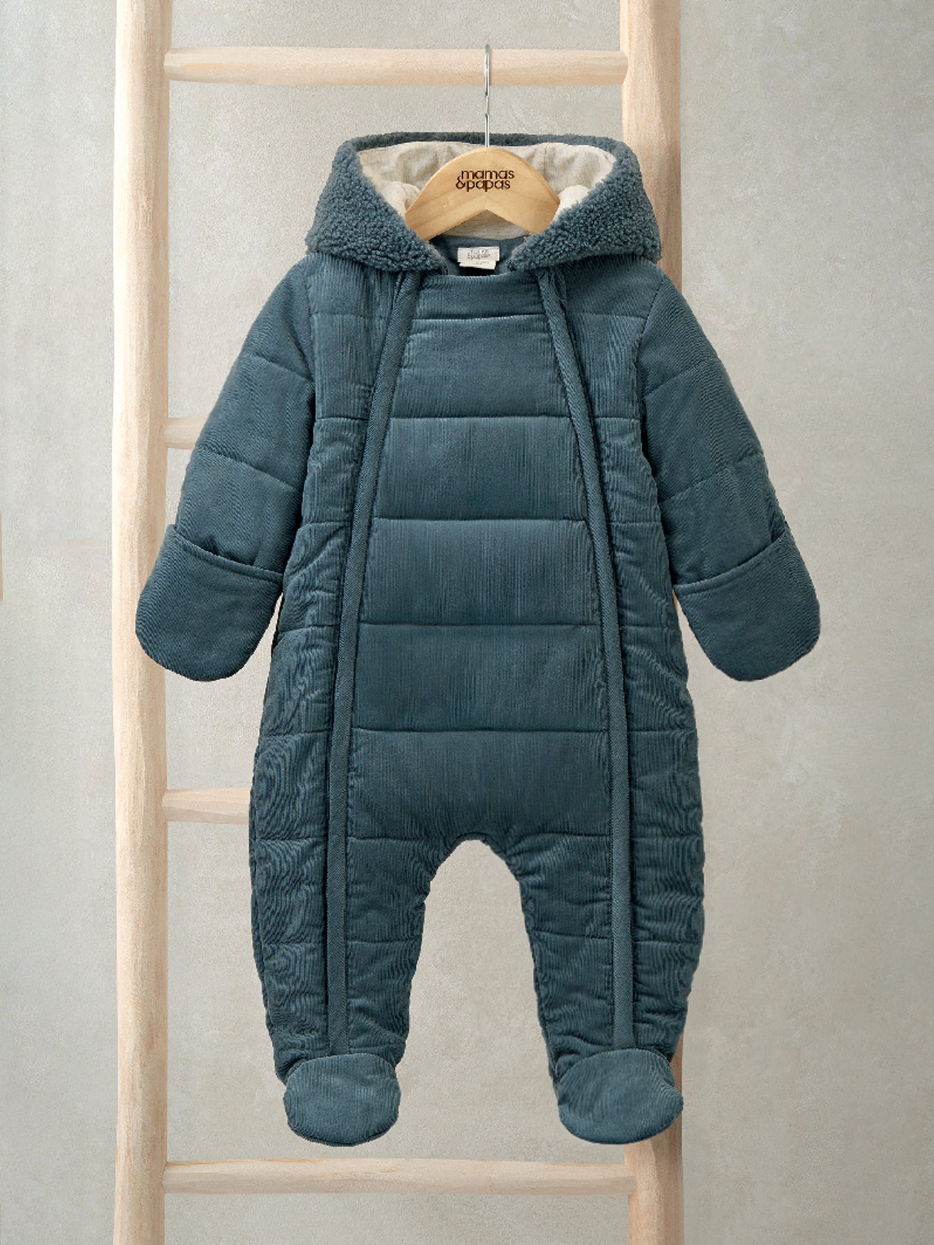 Blue Quilted Cord Pramsuit with Borg-Lined Hood