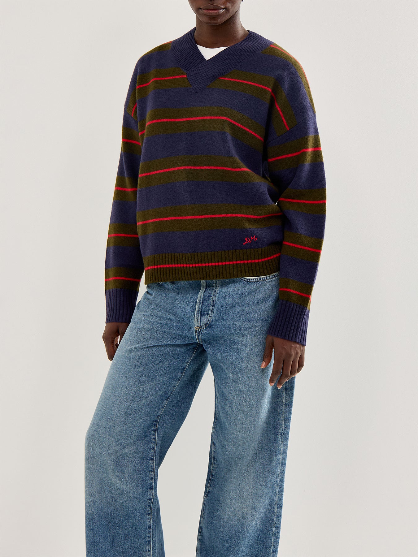 Odette V Neck Jumper Green Stripe