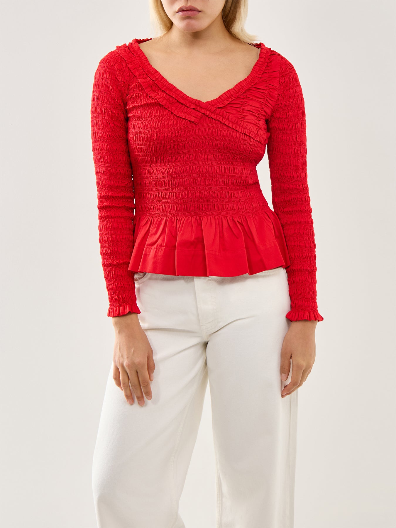 Suri Shirred Cotton Satin Blouse Red