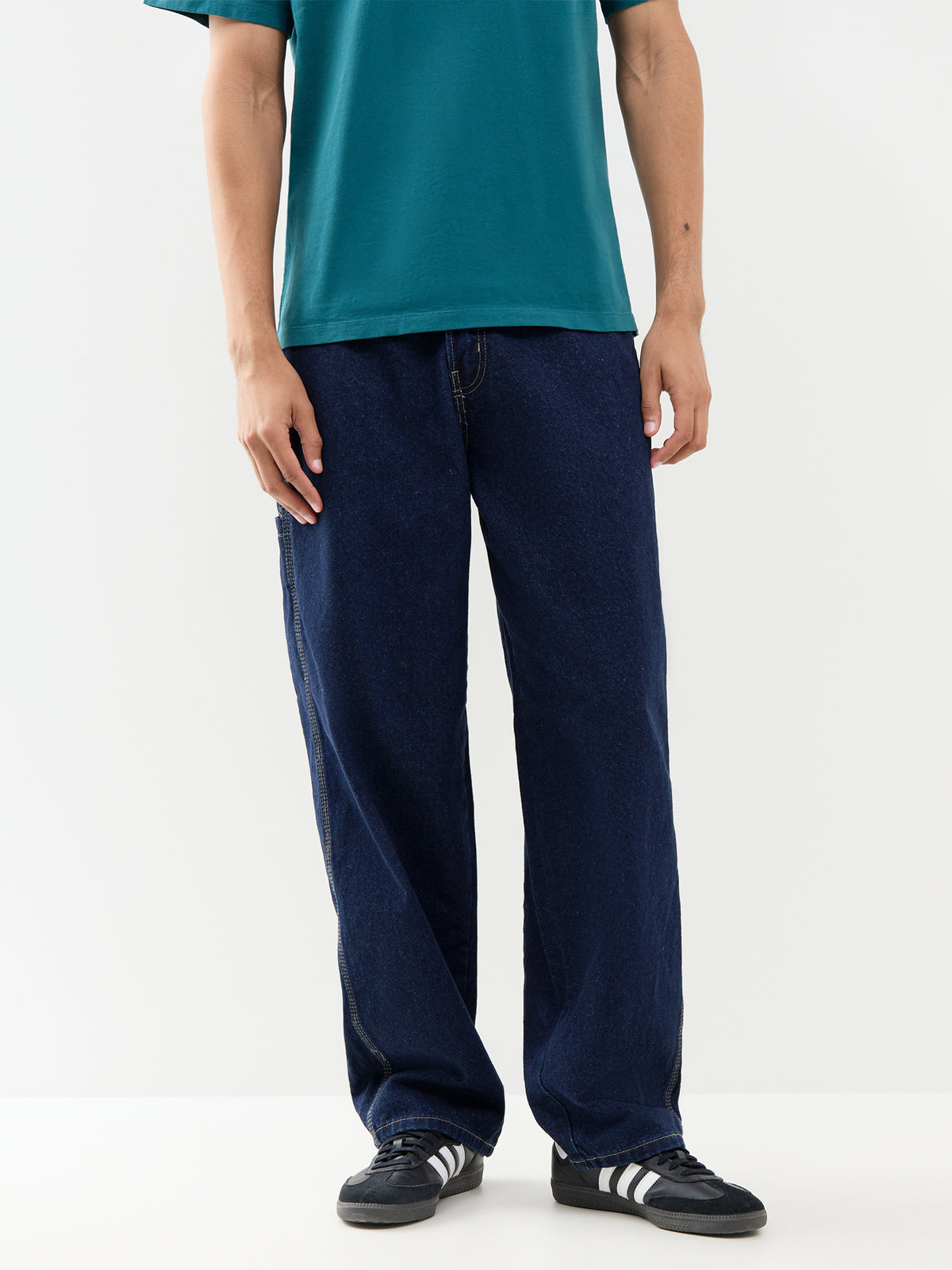 Baggy Tapered Cotton Work Jeans - Rinsed Blue