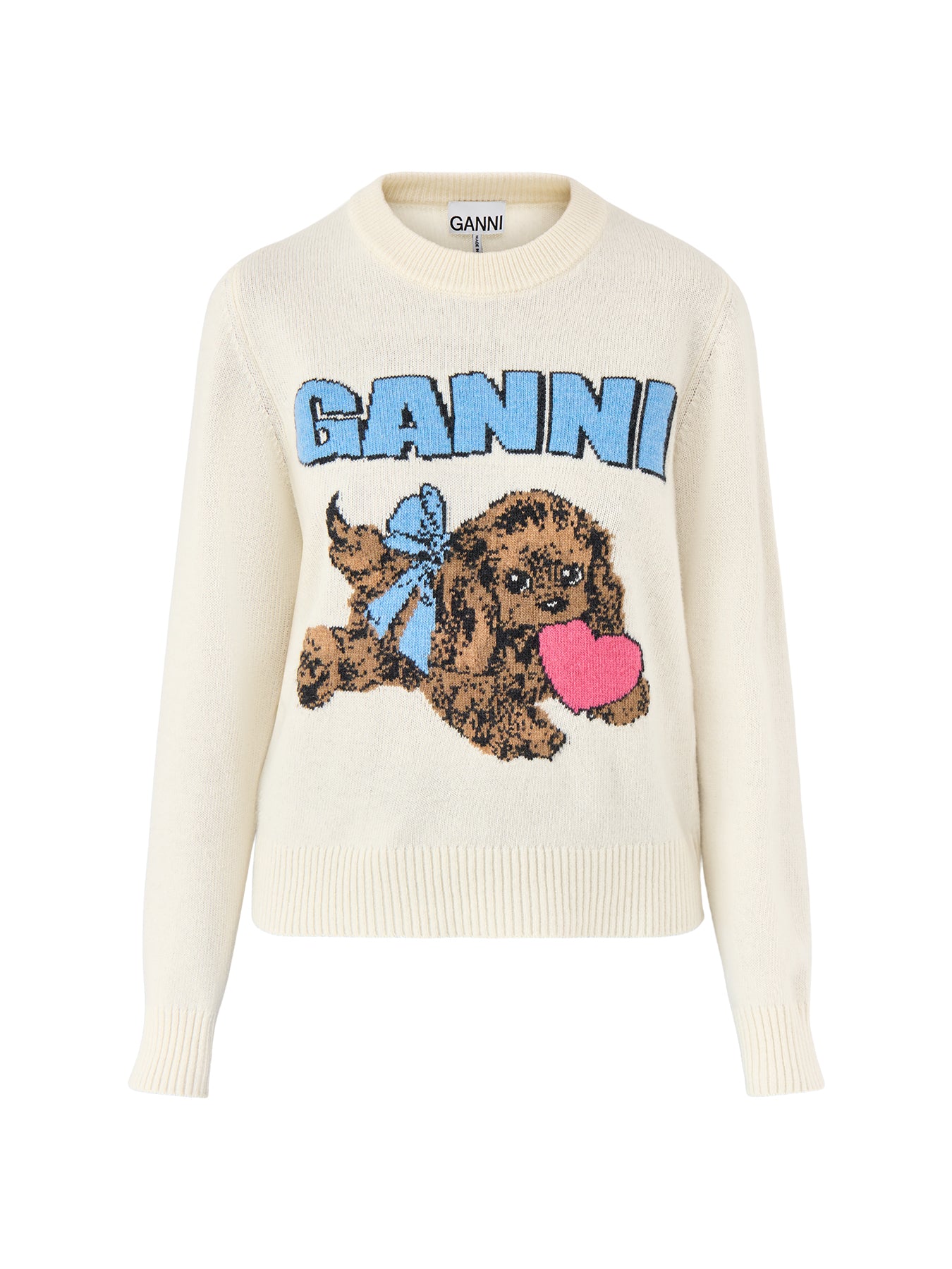 Graphic Wool Mix Fluffy Puppy Love Crewneck White