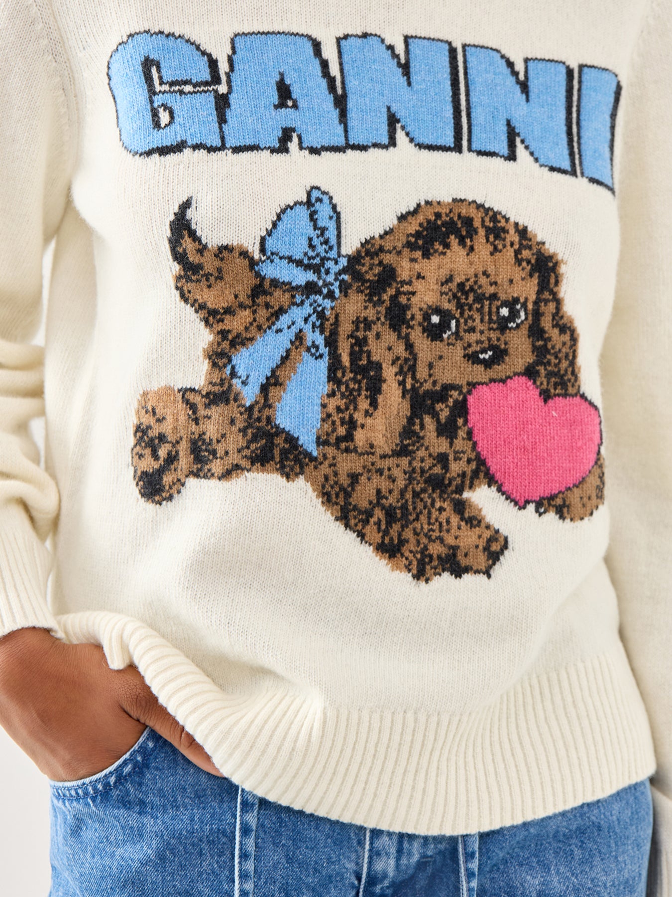 Graphic Wool Mix Fluffy Puppy Love Crewneck White