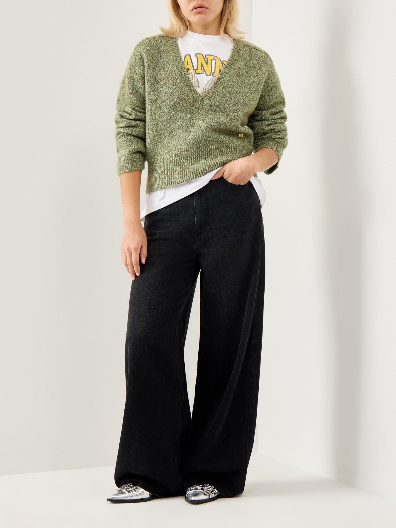 Brushed Mohair Mix Deep V-neck Jumper