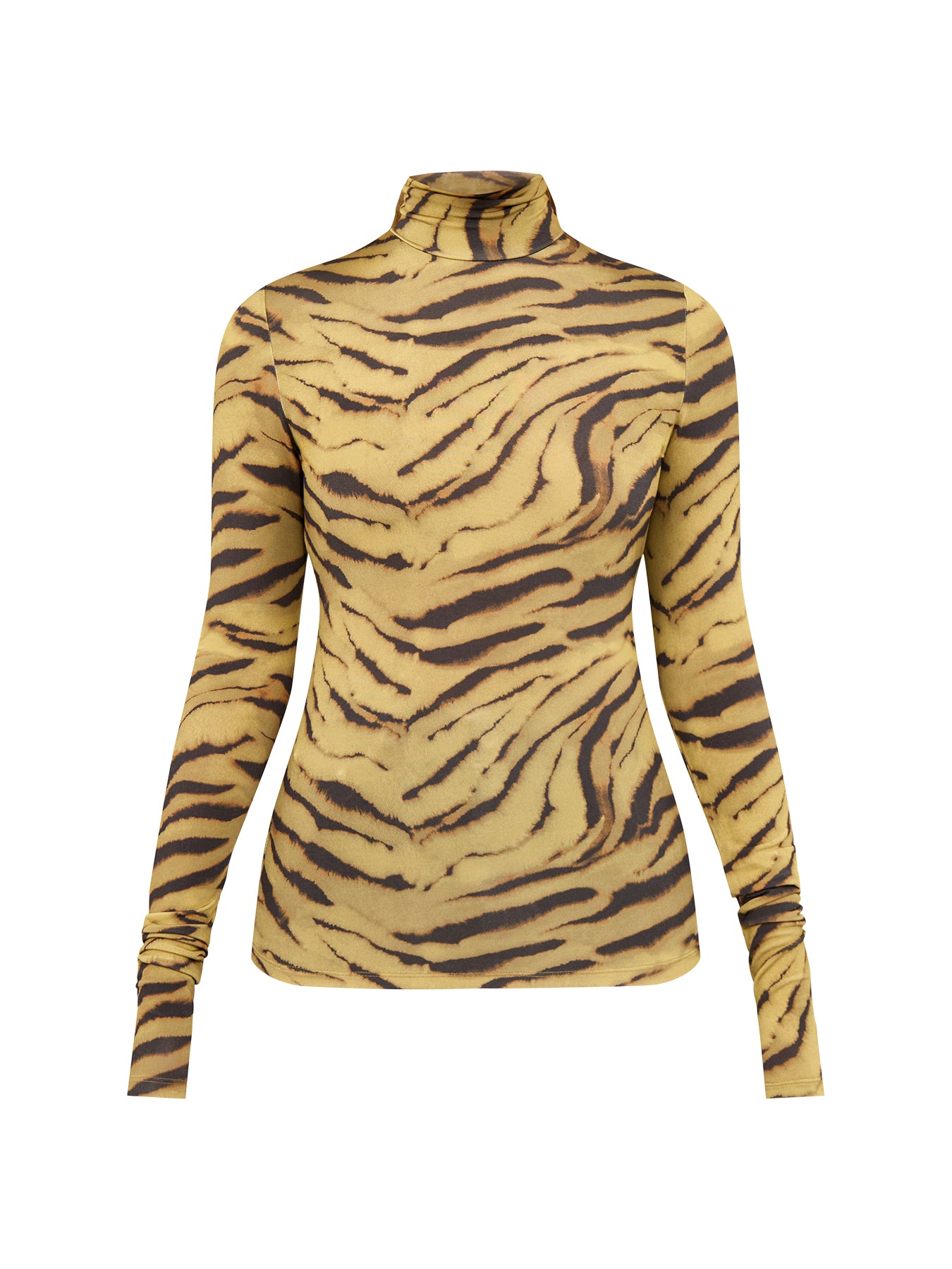 Printed Shiny Jersey Turtleneck Khaki