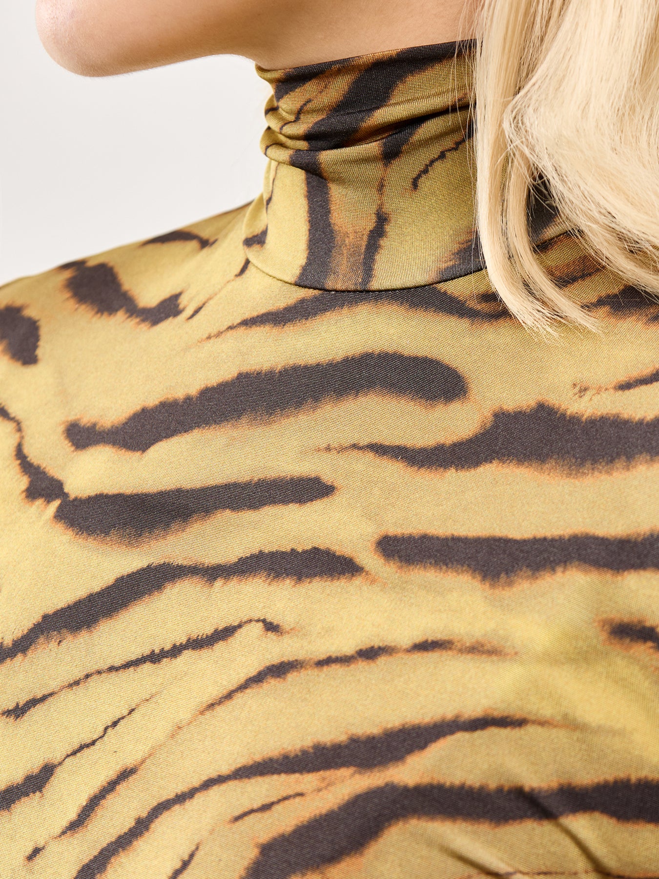 Printed Shiny Jersey Turtleneck Khaki