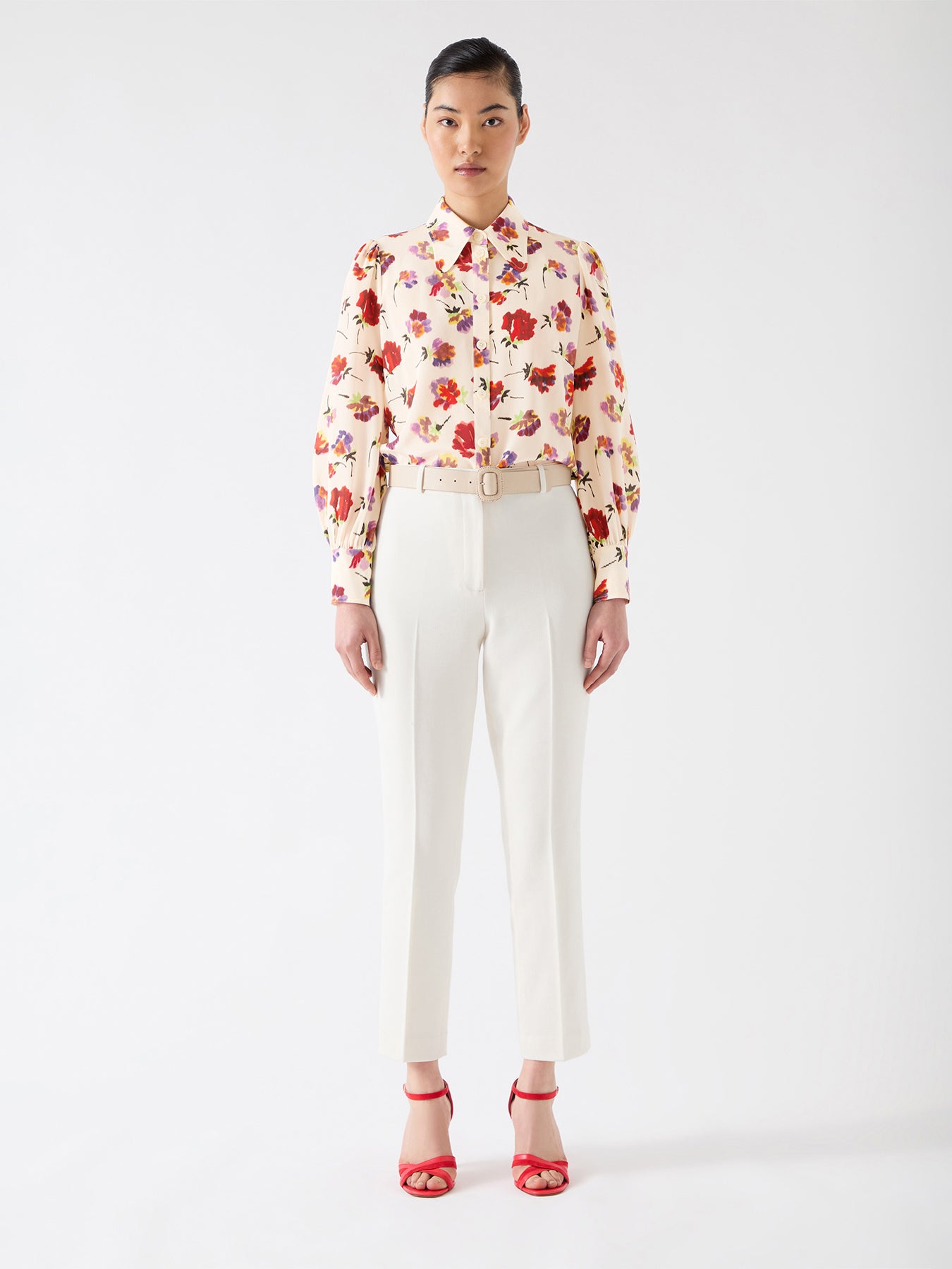 Cream Sonya Italian Straw Multi Silk Ikat Floral Silk Shirt