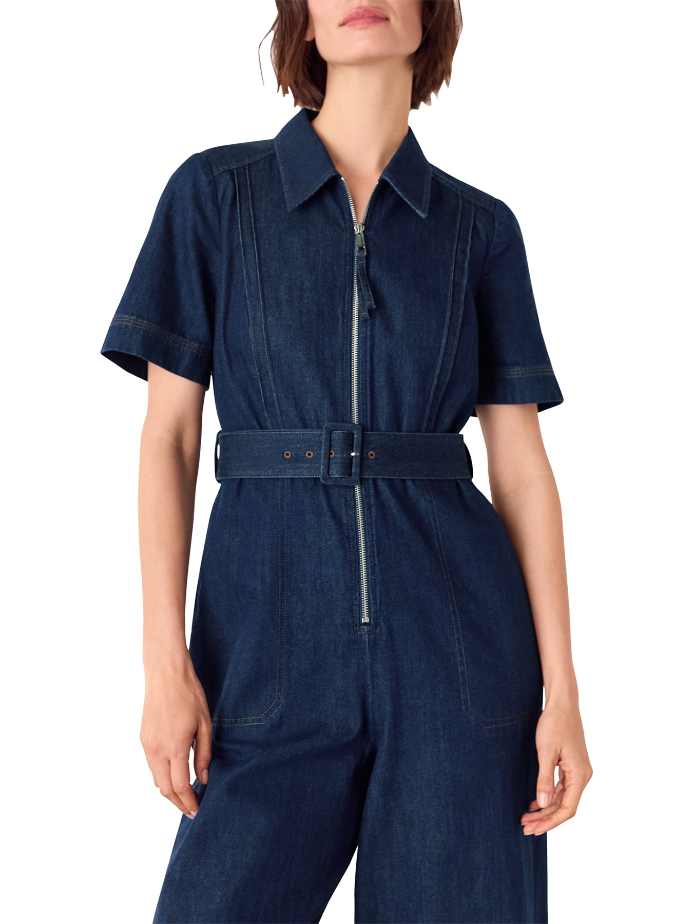 Denim Denim Pintuck Belted Jumpsuit