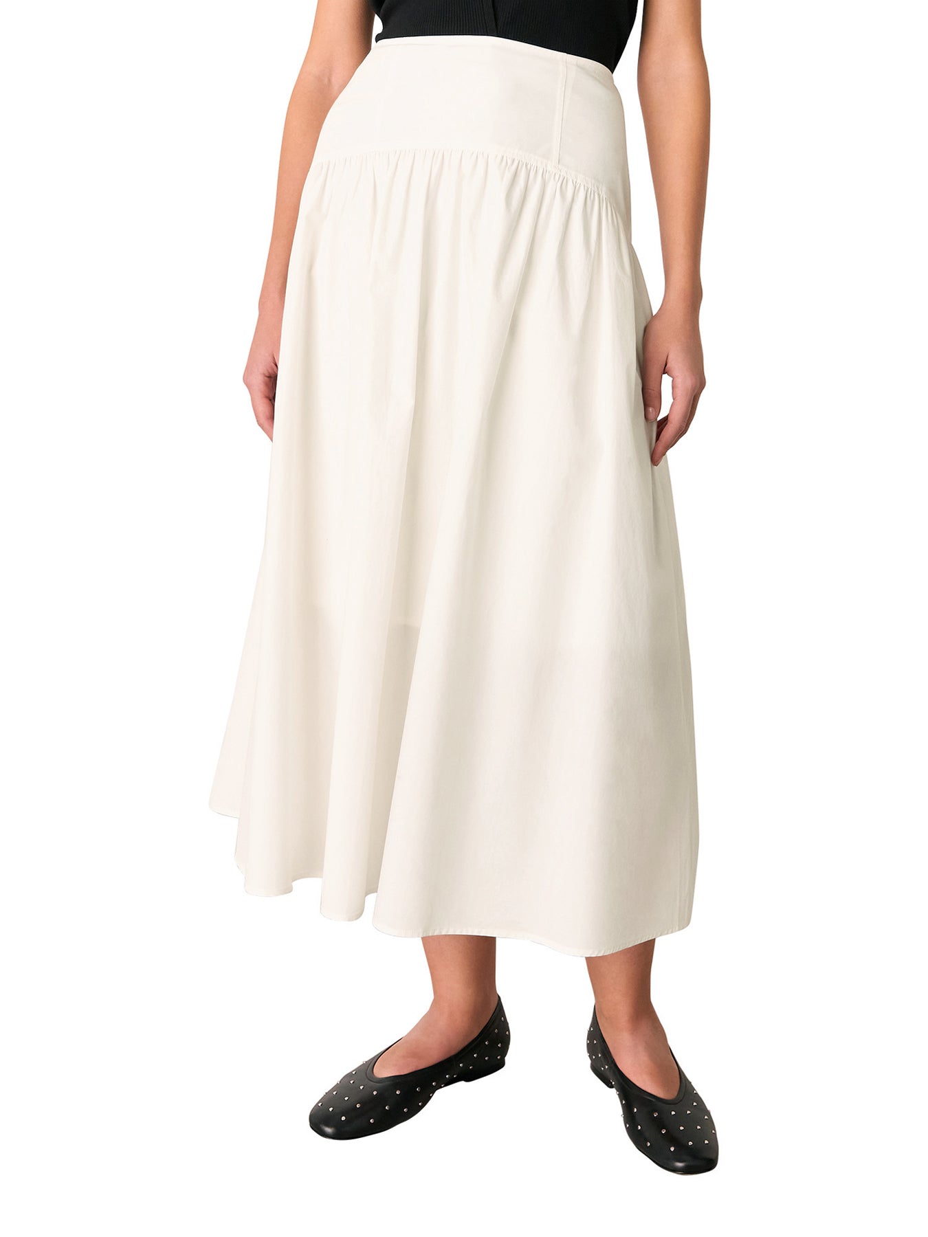White Cotton Waisted Midi Skirt