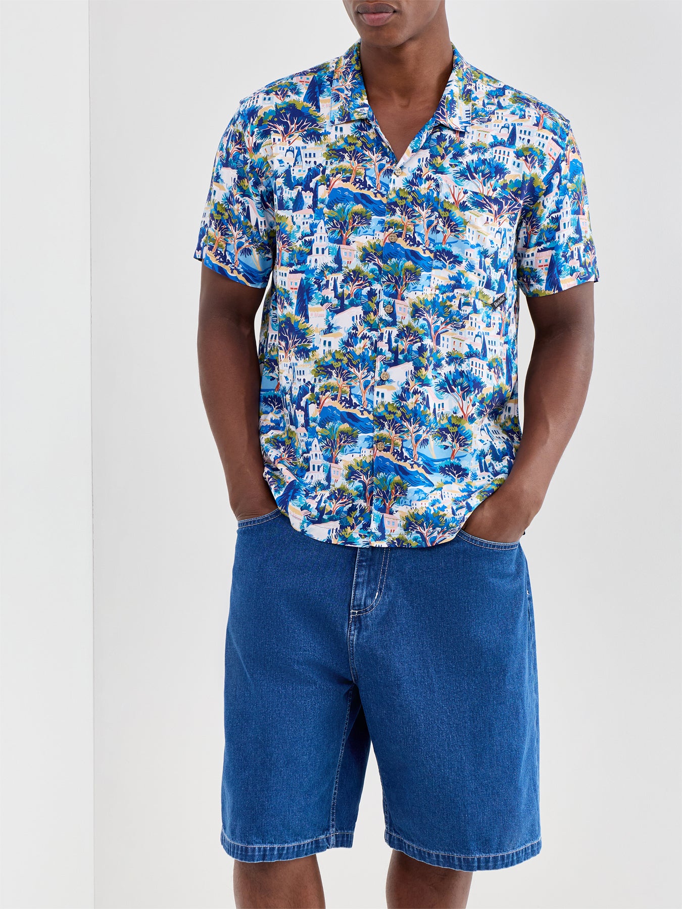 Short Sleeve Camp Collar Shirt Blue