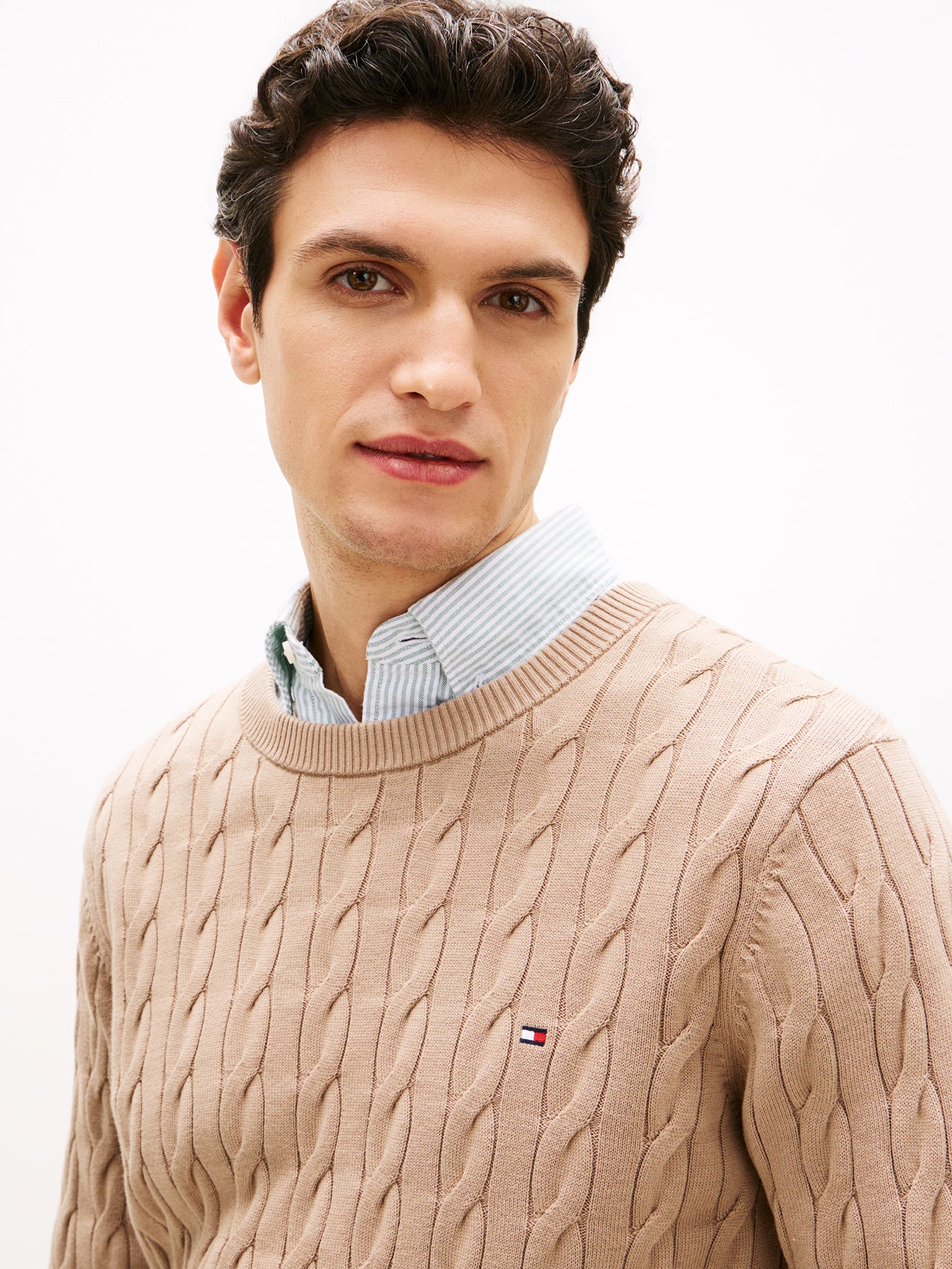 Cable Knit Crew Neck Jumper Brown