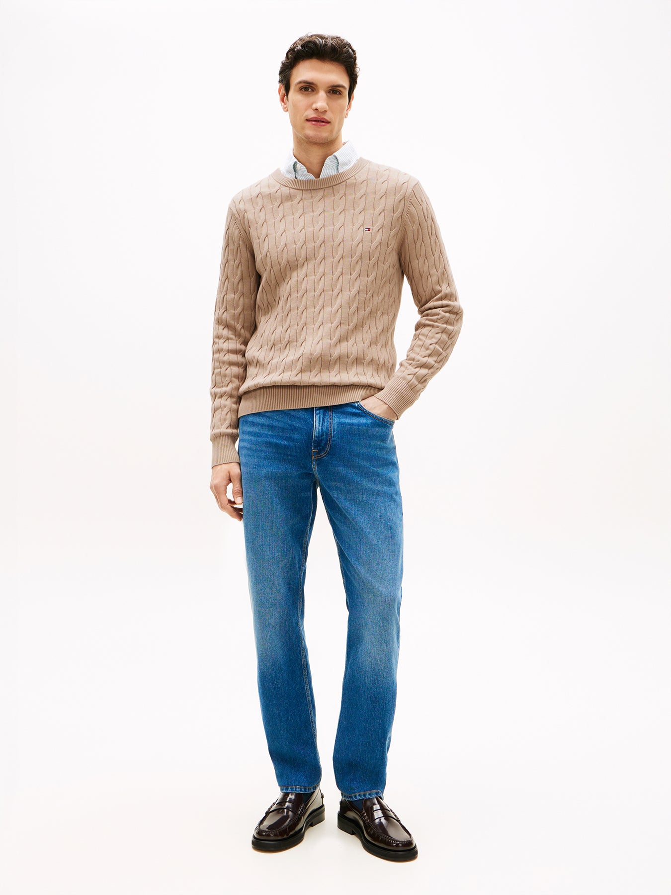 Cable Knit Crew Neck Jumper Brown