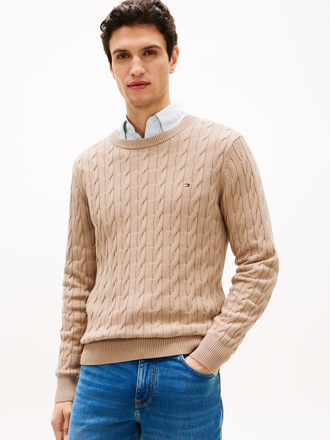 Cable Knit Crew Neck Jumper Brown