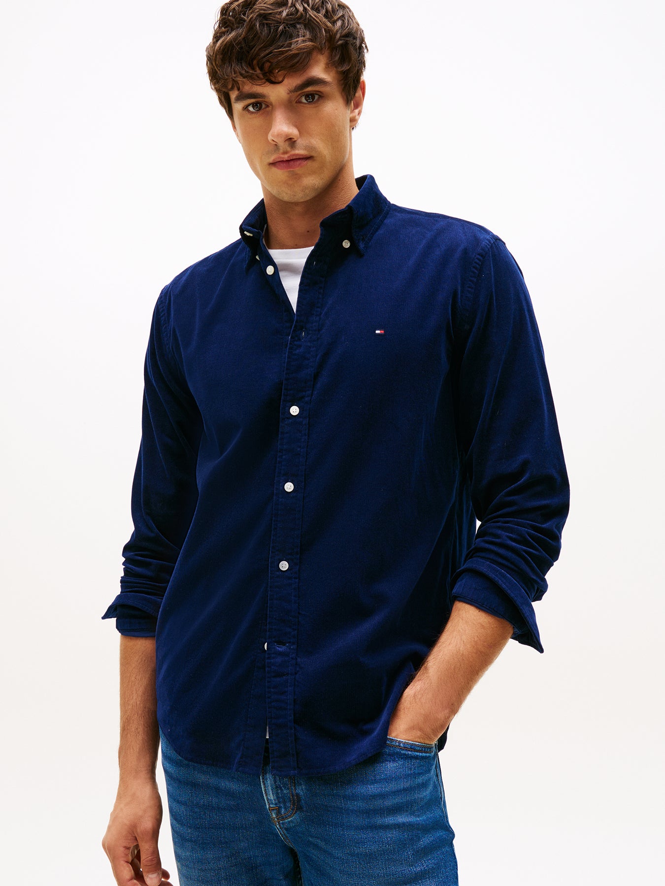 Regular Fit Flag Embroidery Corduroy Shirt Blue