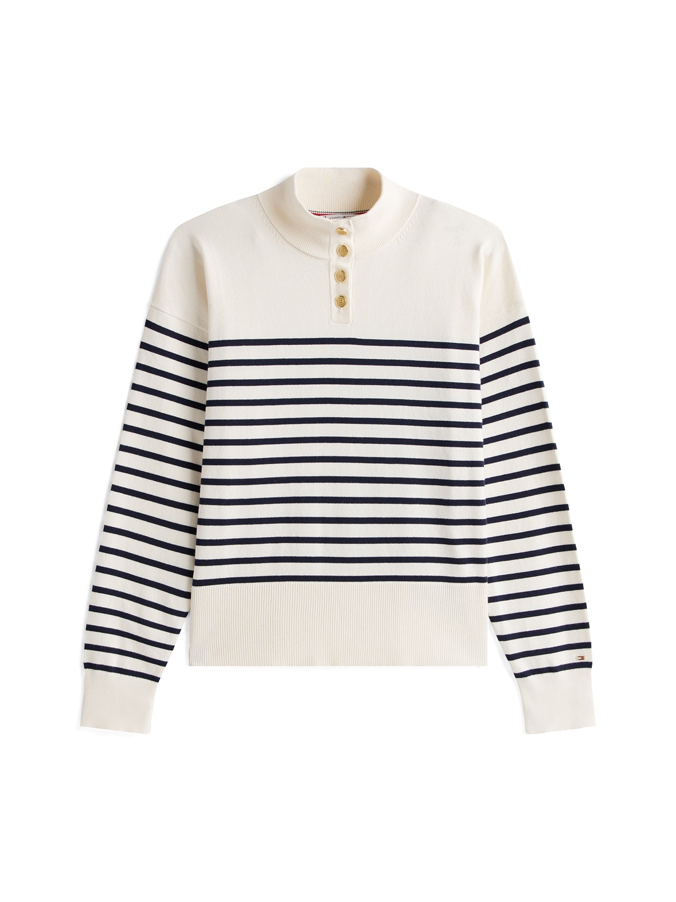 Stripe Gold-Tone Button Mock Neck Jumper