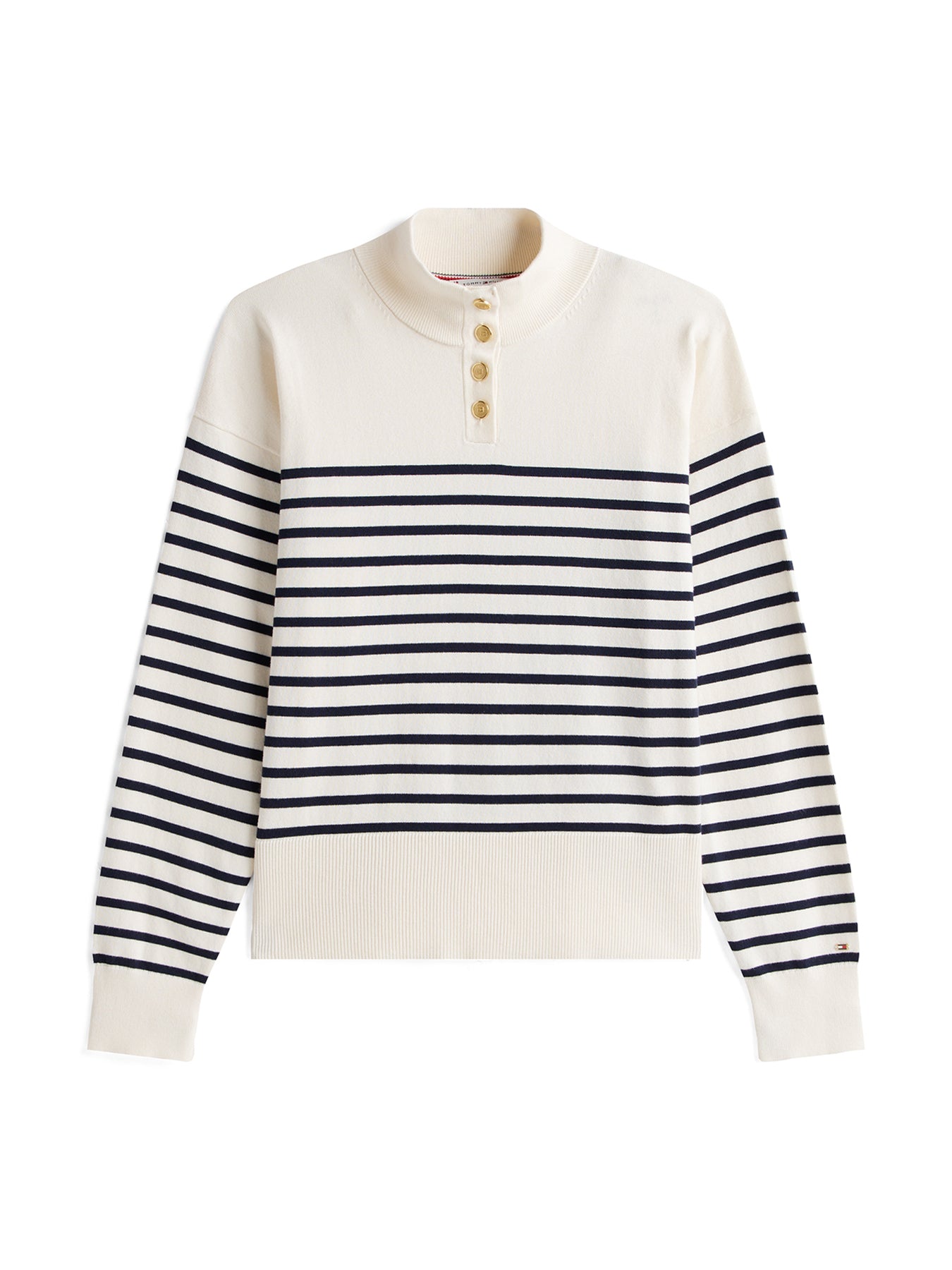 Stripe Gold-Tone Button Mock Neck Jumper