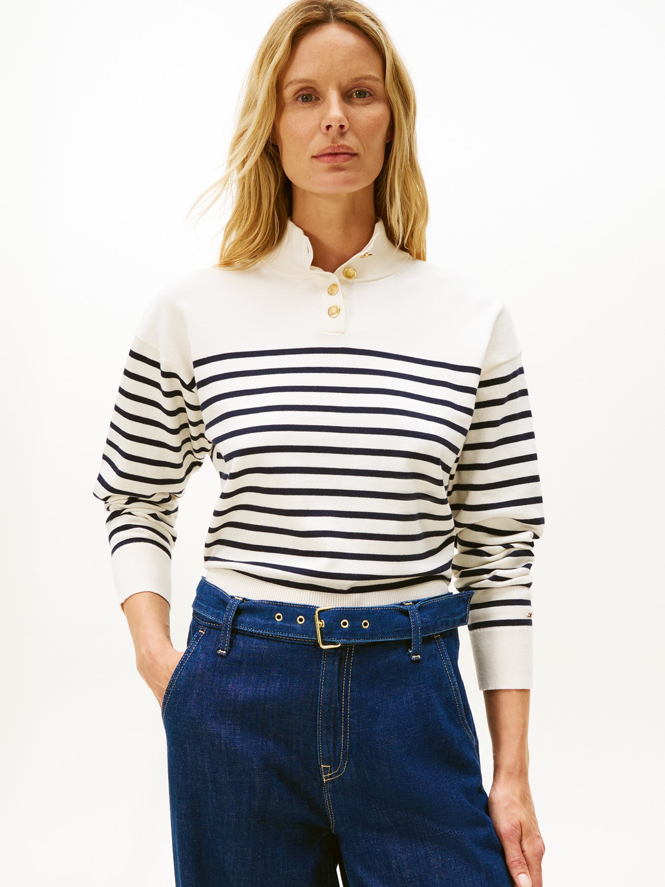 Stripe Gold-Tone Button Mock Neck Jumper
