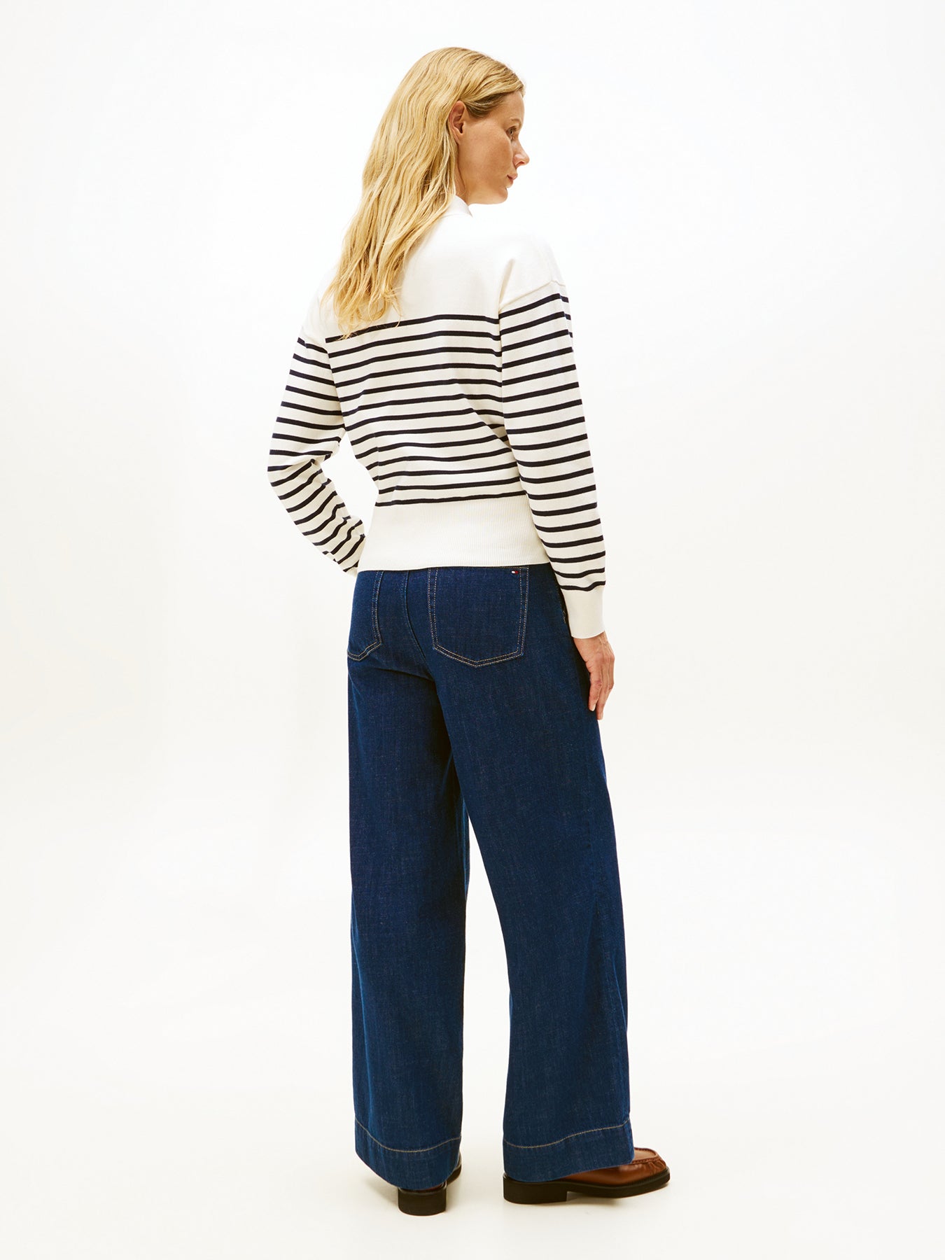 Stripe Gold-Tone Button Mock Neck Jumper