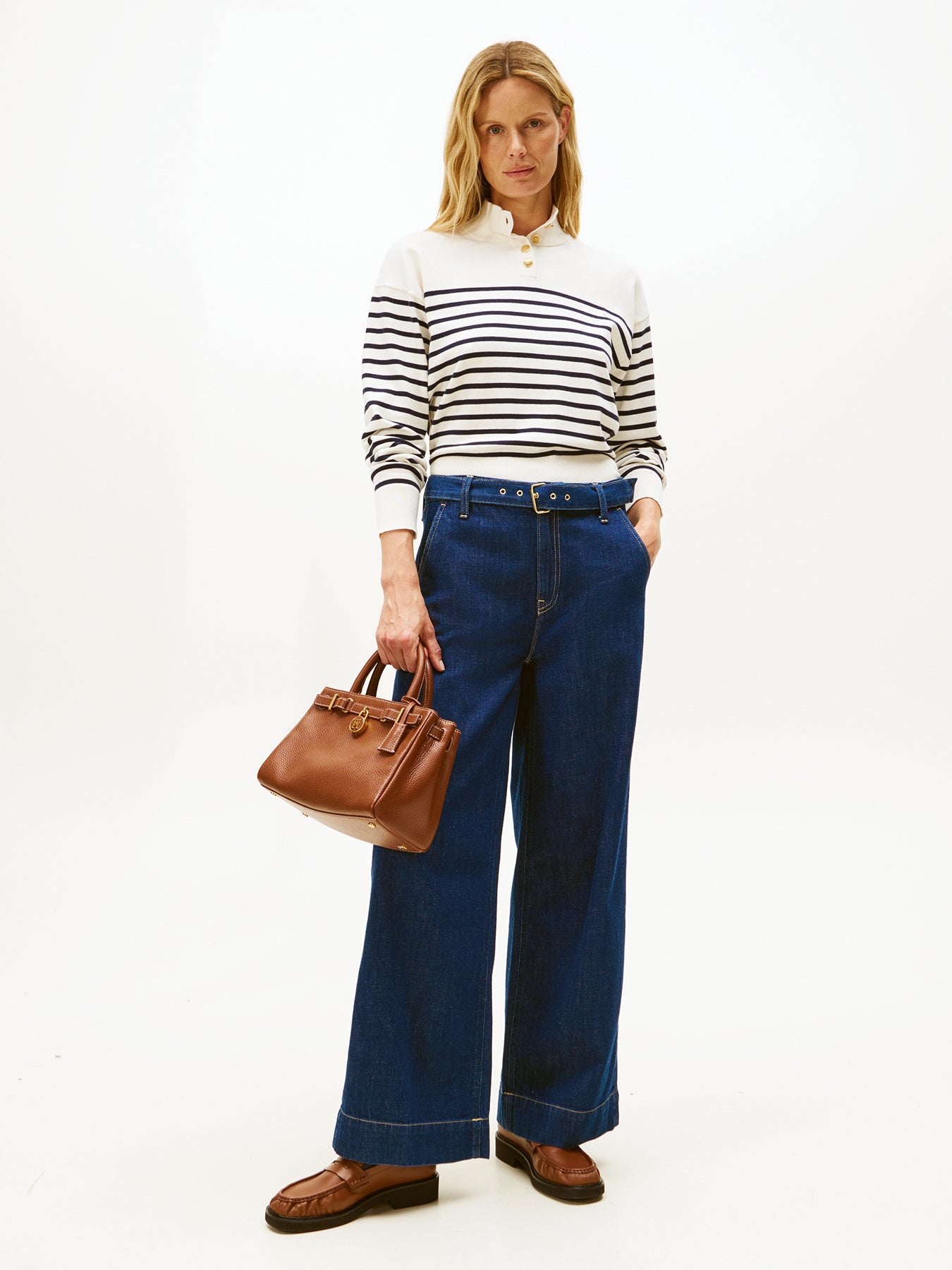 Stripe Gold-Tone Button Mock Neck Jumper