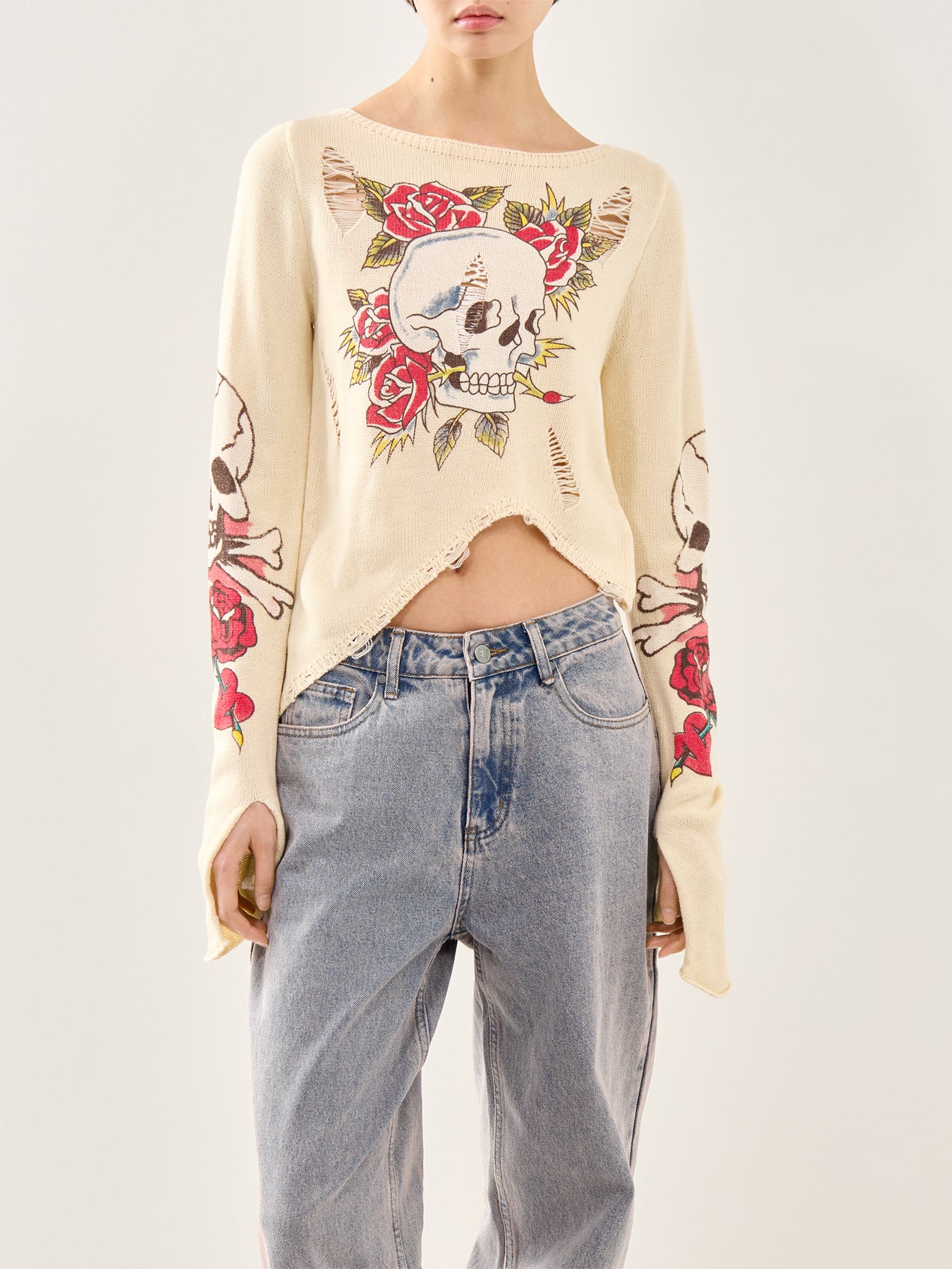 Skull And Roses Distressed Knit Ecru