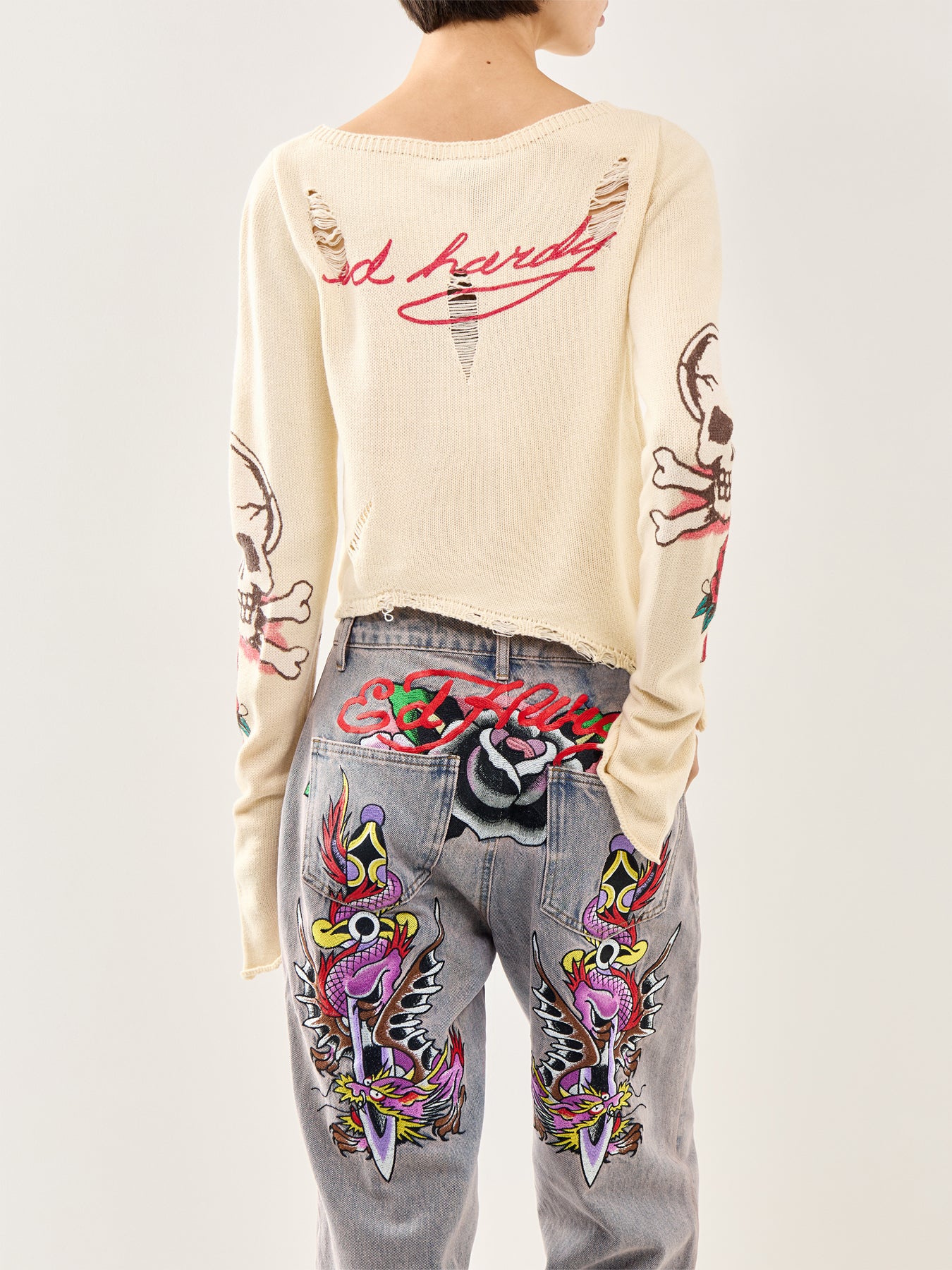 Skull And Roses Distressed Knit Ecru