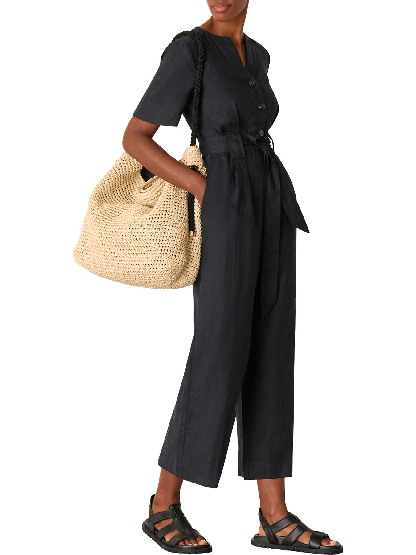 Black Fiona Linen Button Jumpsuit