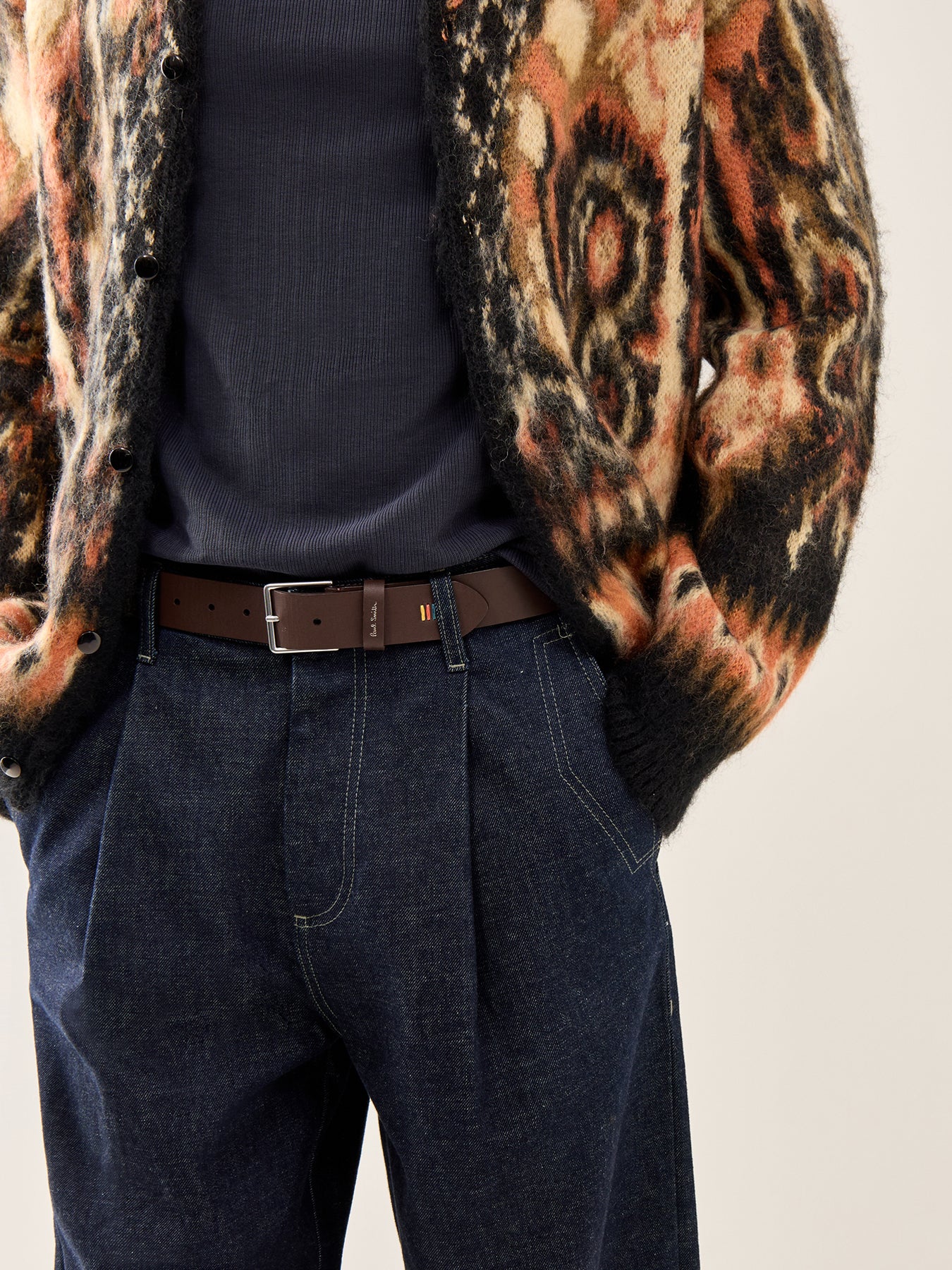 Stitch Detail Leather Belt Brown