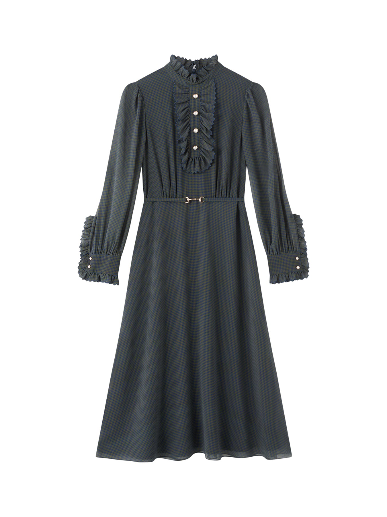 Sadie Midnight Houndstooth Print Recycled Fabric Georgette Dress with Belt