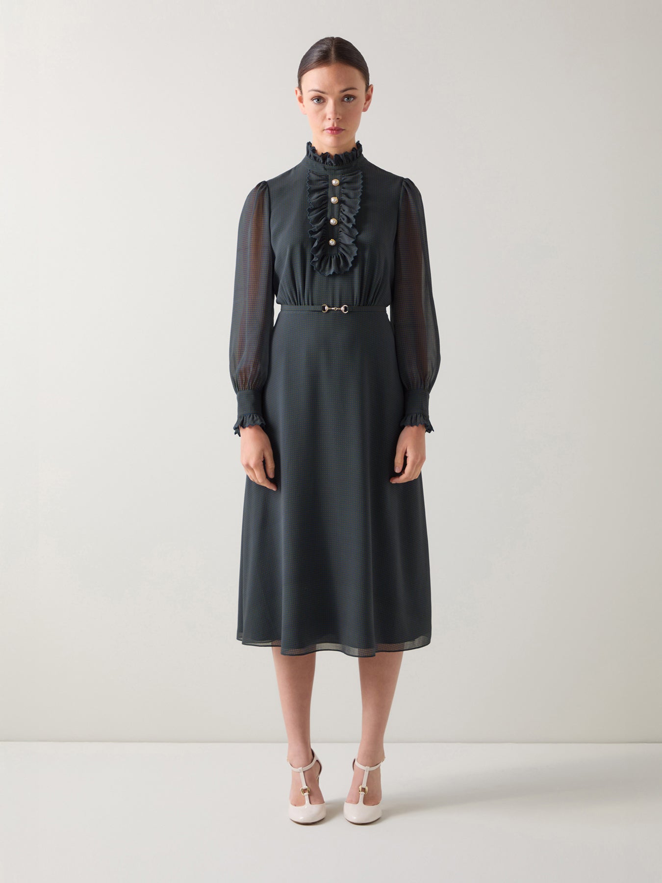 Sadie Midnight Houndstooth Print Recycled Fabric Georgette Dress with Belt