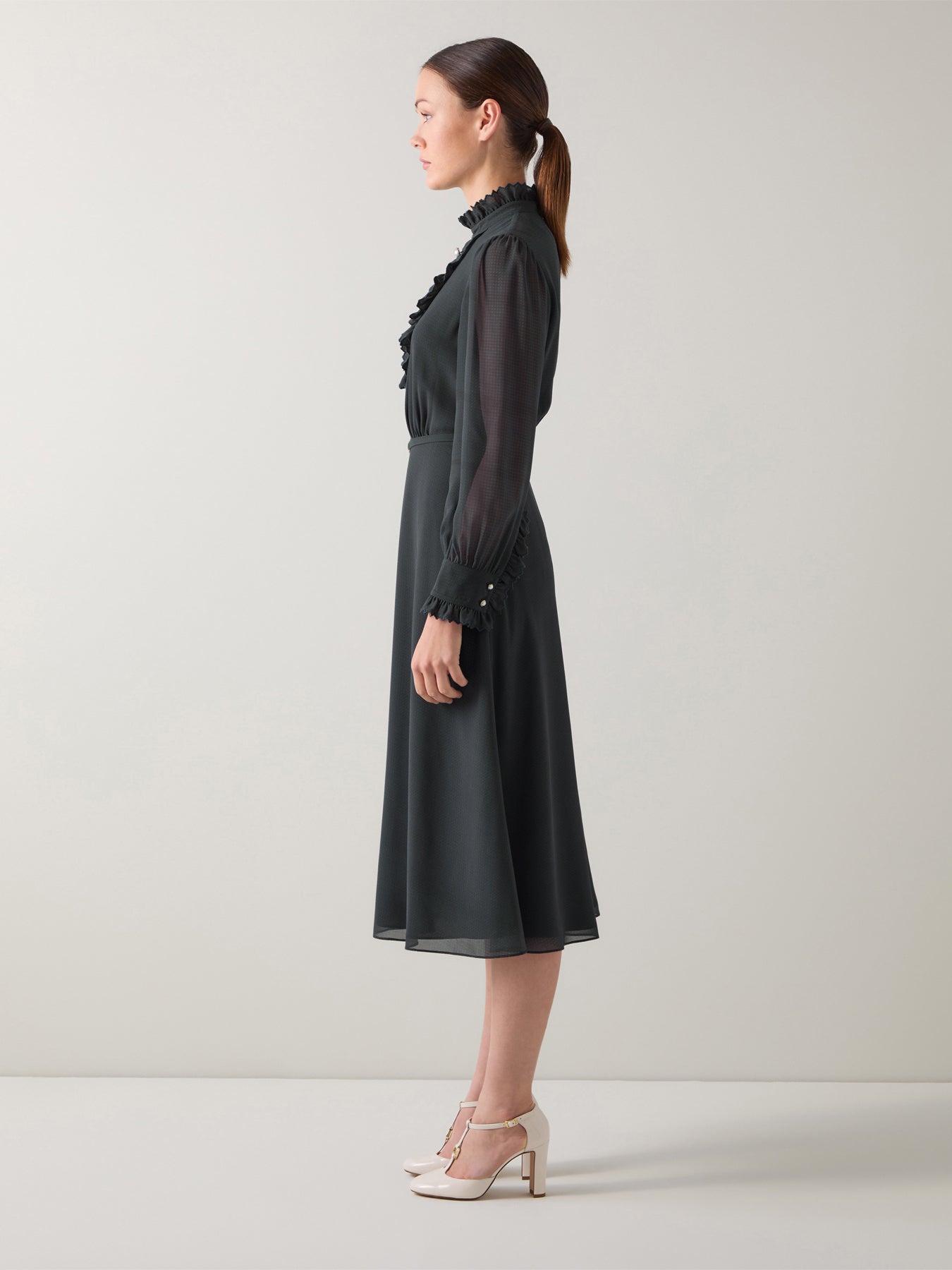 Sadie Midnight Houndstooth Print Recycled Fabric Georgette Dress with Belt