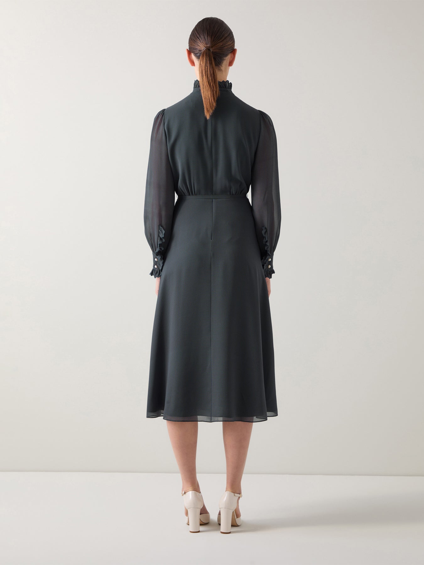 Sadie Midnight Houndstooth Print Recycled Fabric Georgette Dress with Belt