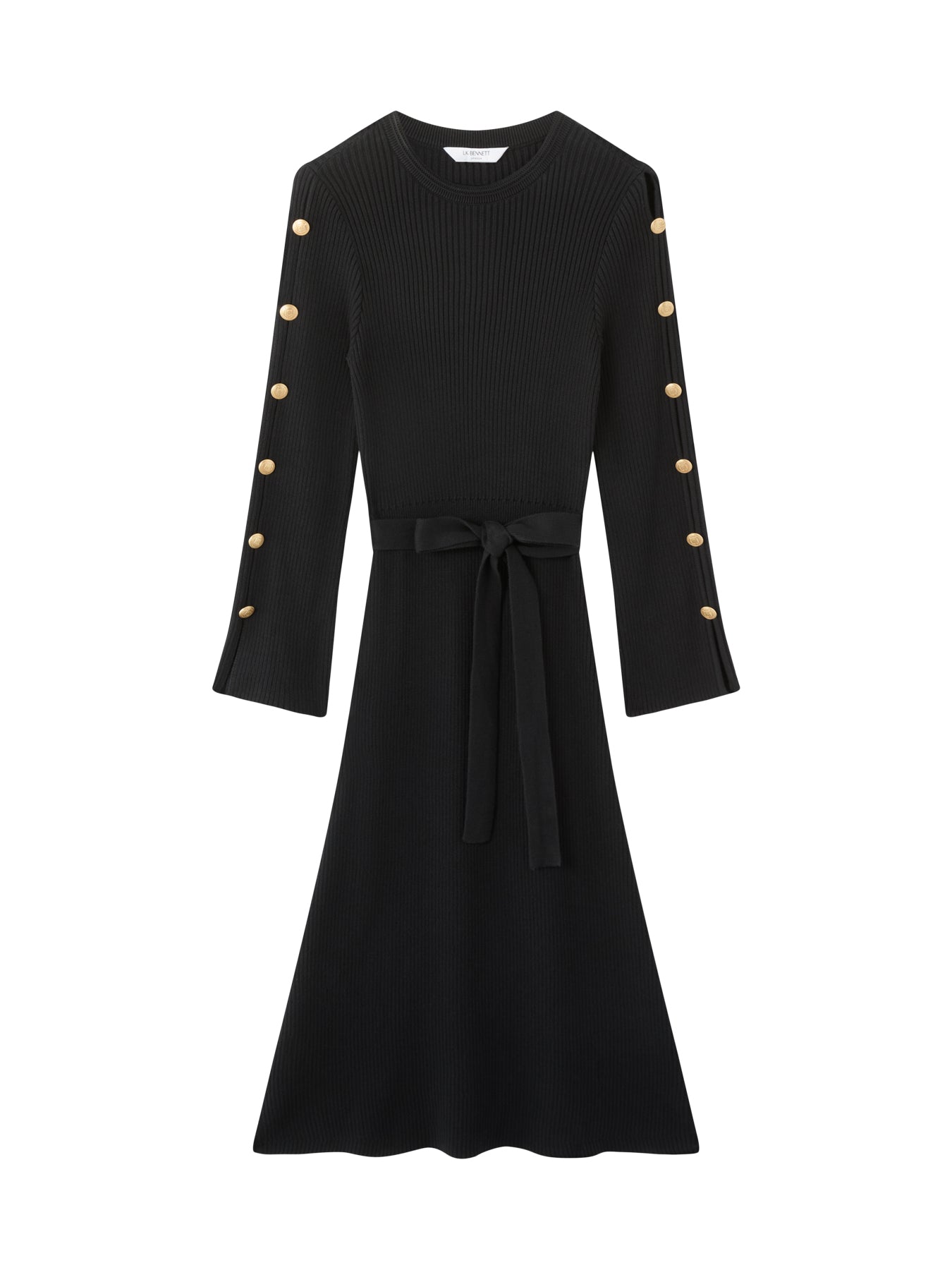 Mirren Black Plain Organic Cotton Shank Button Jumper Dress with Self Covered Belt