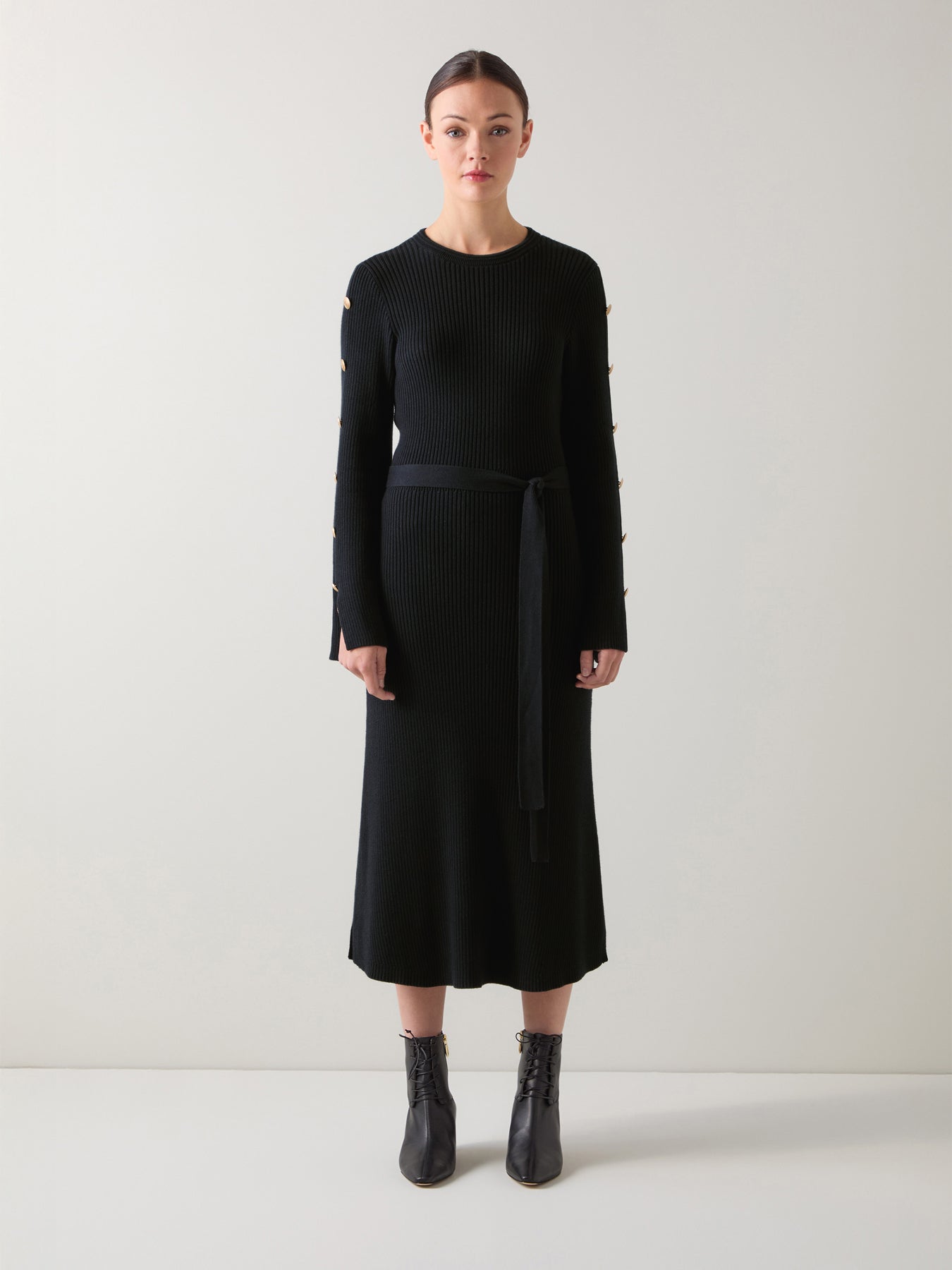 Mirren Black Plain Organic Cotton Shank Button Jumper Dress with Self Covered Belt
